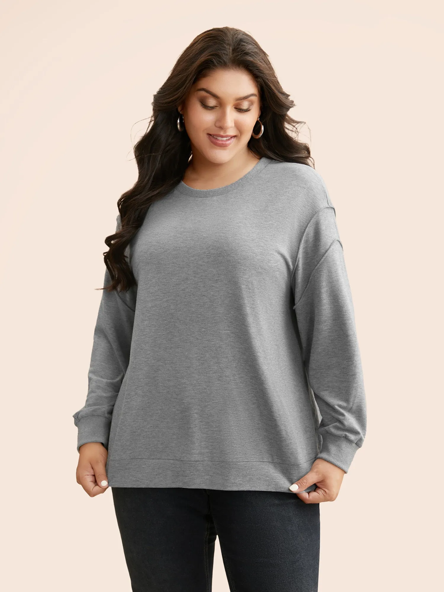 Round Neck Tucked Seam Slit Hem Sweatshirt sold by Bloomchic product image thumbnail 4