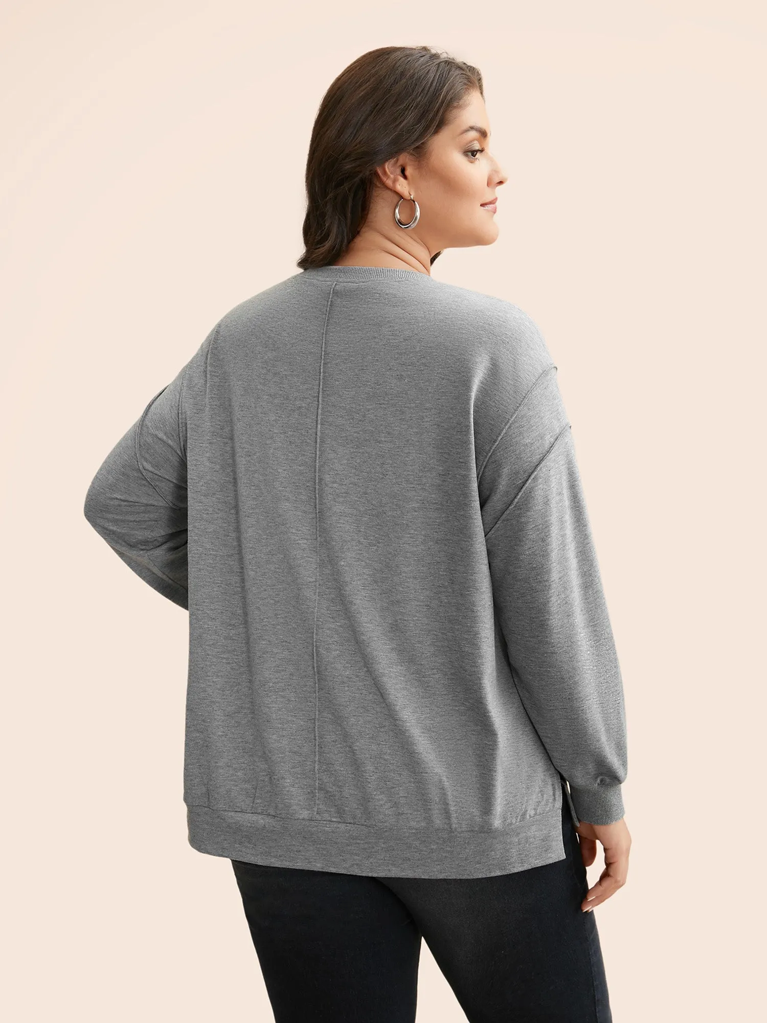 Round Neck Tucked Seam Slit Hem Sweatshirt sold by Bloomchic product image thumbnail 3