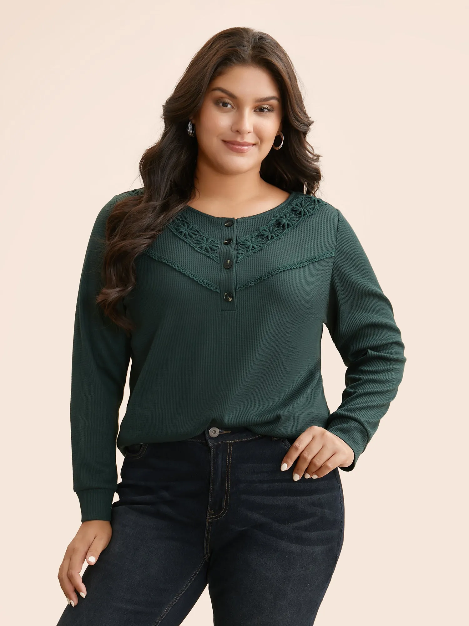 Solid Waffle Knit Lace Trim T-shirt sold by Bloomchic product image thumbnail 3