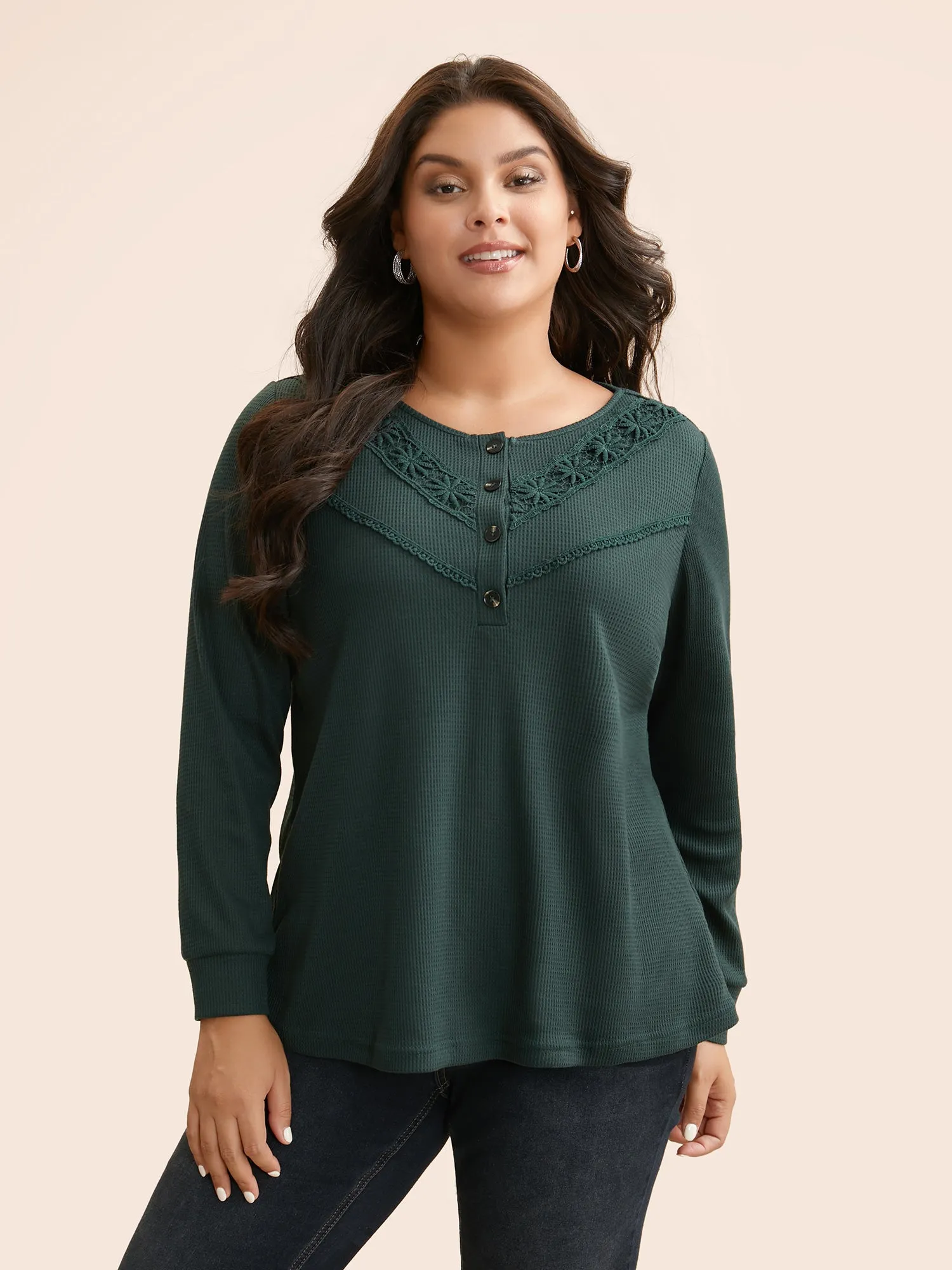 Solid Waffle Knit Lace Trim T-shirt sold by Bloomchic