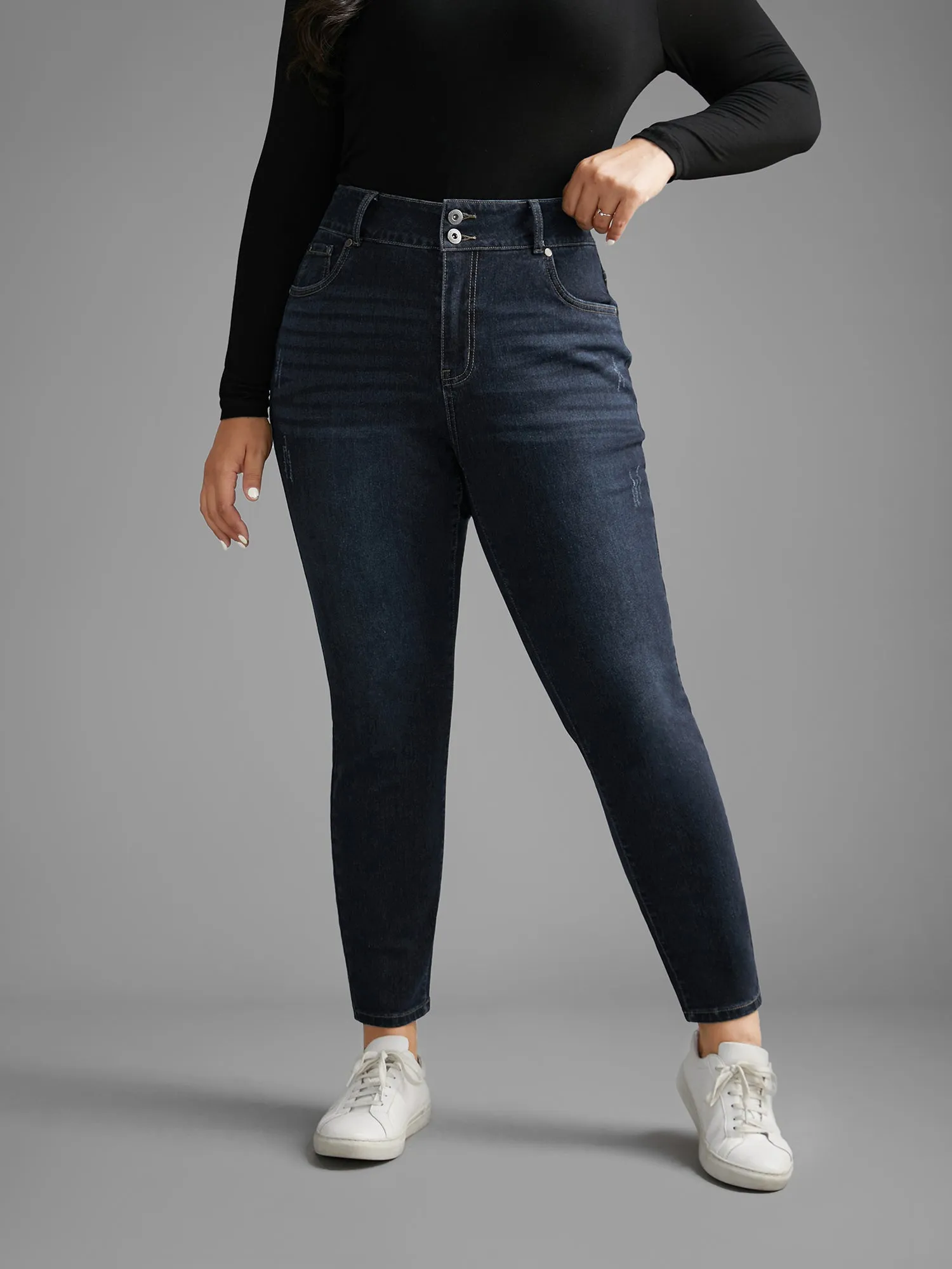 Dark Wash Button Up Skinny Jeans sold by Bloomchic