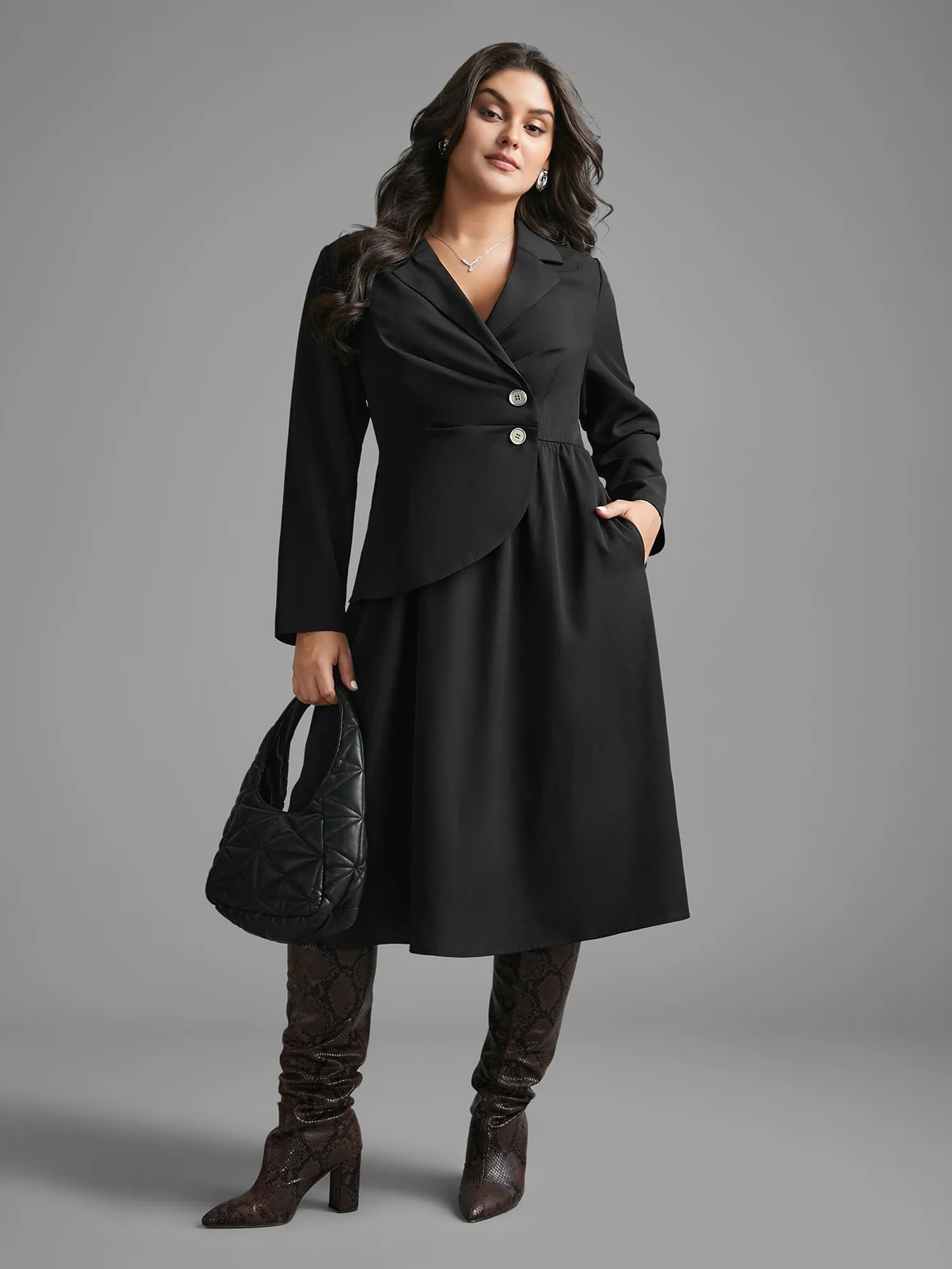 Suit Collar Metal Detail Midi Dress sold by Bloomchic