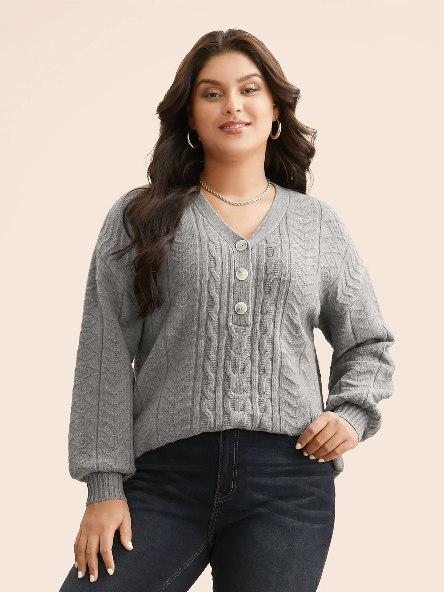 Supersoft Essentials Cable Knit Button Up Pullover sold by Bloomchic product image thumbnail 3