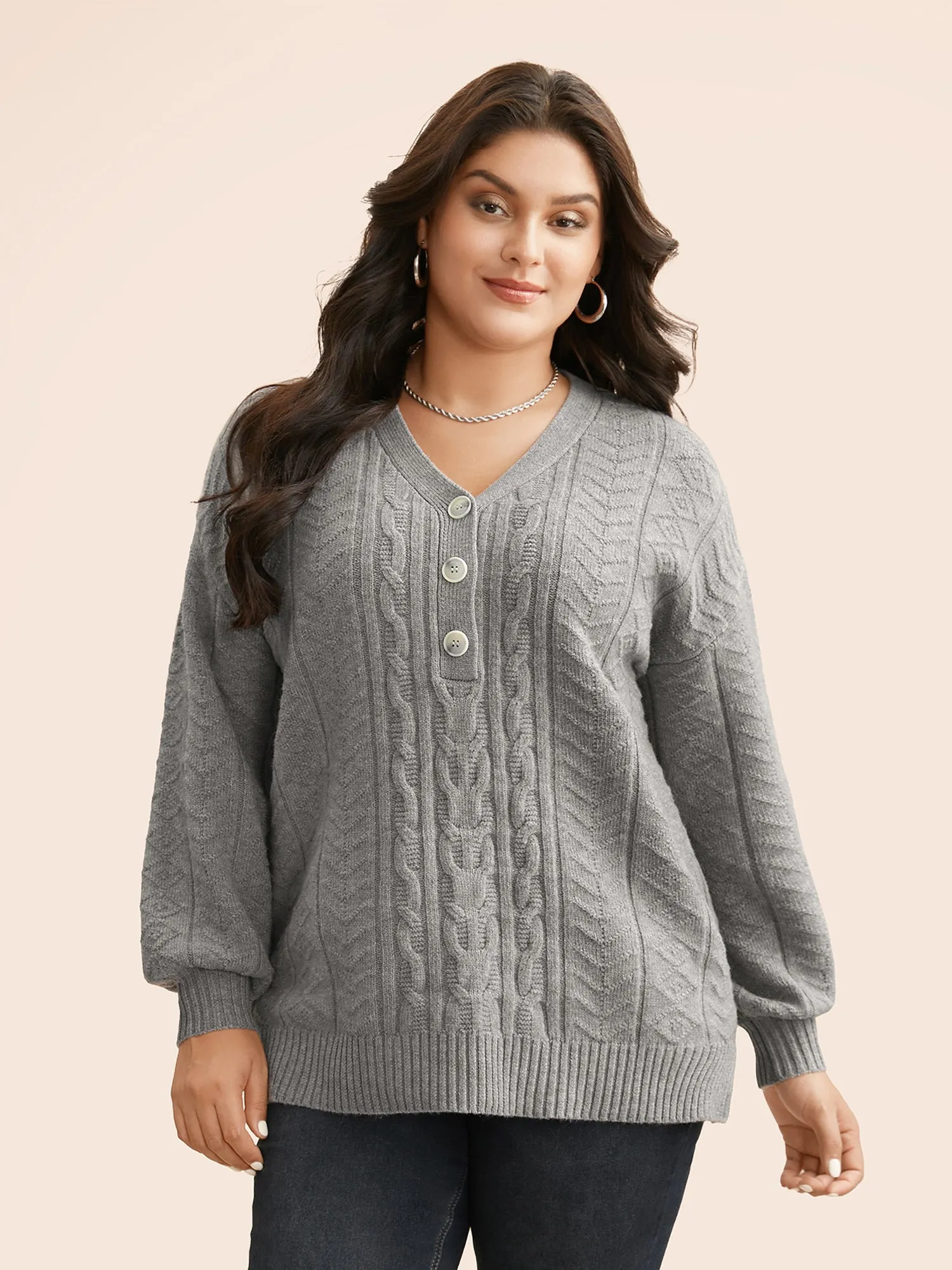 Supersoft Essentials Cable Knit Button Up Pullover sold by Bloomchic