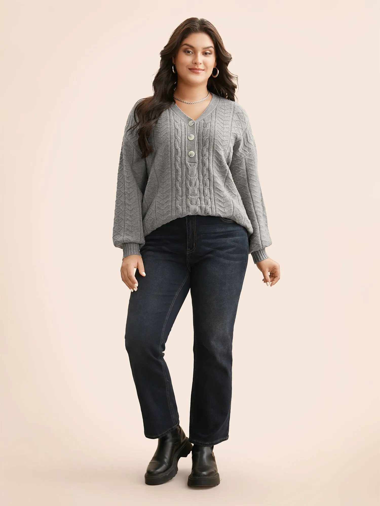 Supersoft Essentials Cable Knit Button Up Pullover sold by Bloomchic product image thumbnail 4