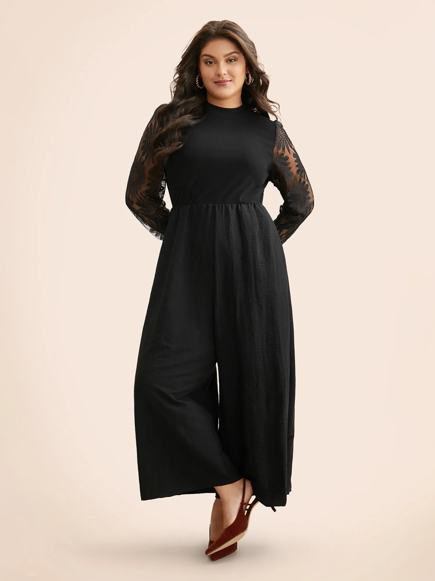 Crochet Lace Mesh Mock Neck Jumpsuit sold by Bloomchic