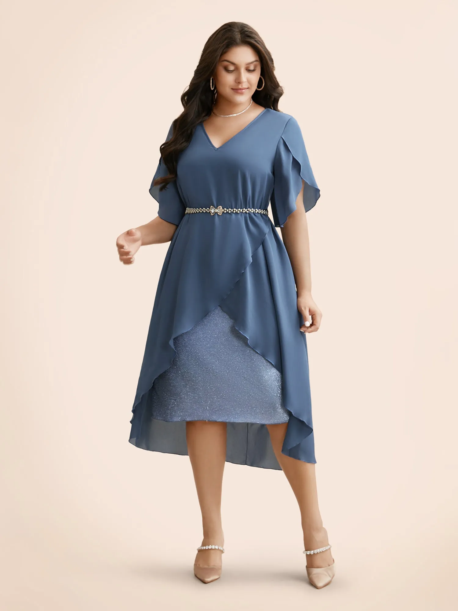 Solid Petal Sleeve Tiered Hem Dress sold by Bloomchic