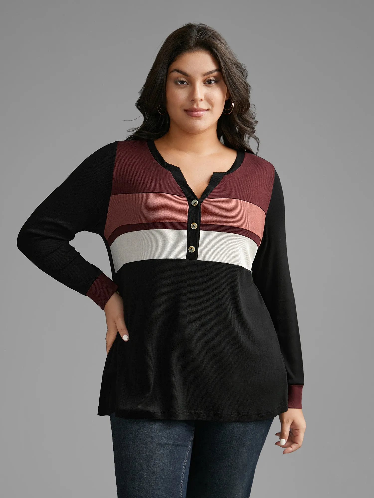 Notched Collar Contrast Patchwork Button Up T-shirt sold by Bloomchic