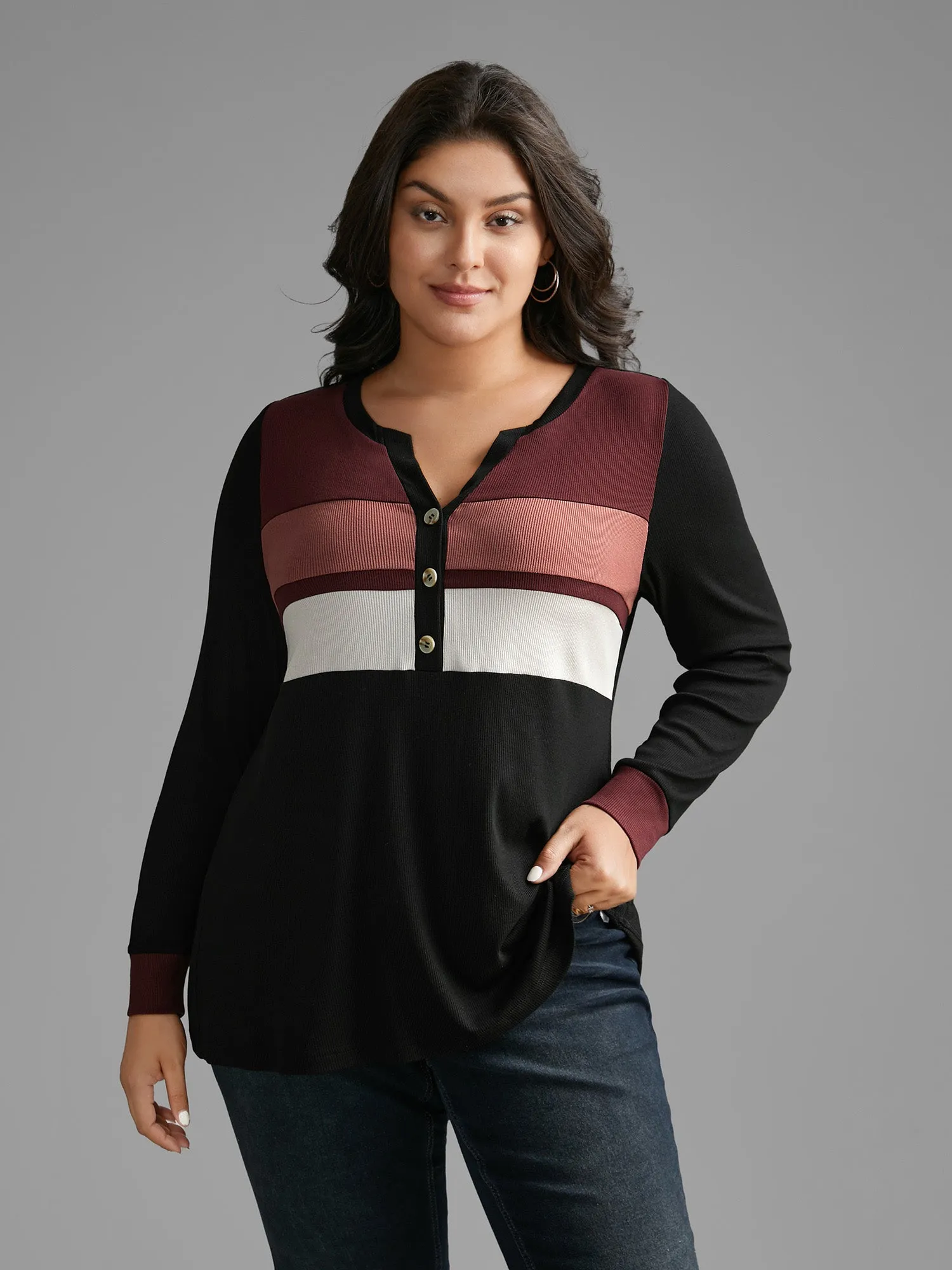 Notched Collar Contrast Patchwork Button Up T-shirt sold by Bloomchic product image thumbnail 3