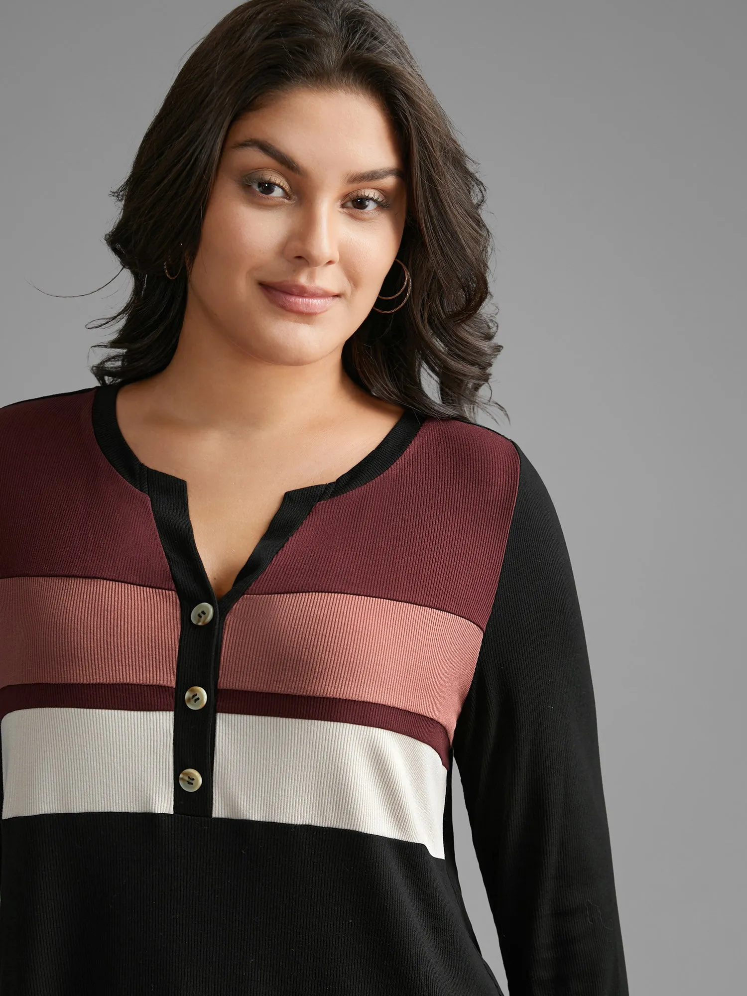 Notched Collar Contrast Patchwork Button Up T-shirt sold by Bloomchic product image thumbnail 2