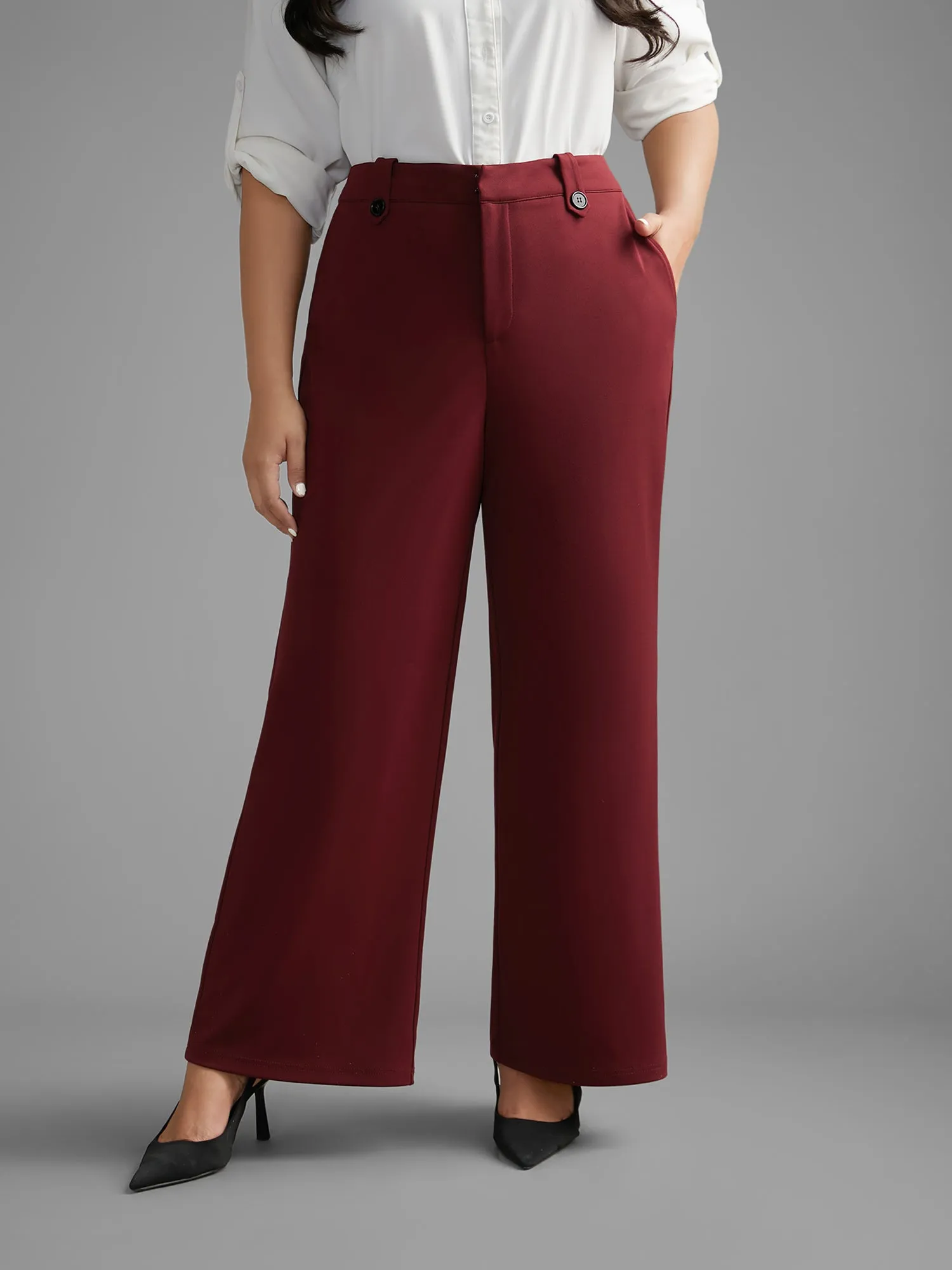 Mid Rise Buckle Detail Bootcut Pants sold by Bloomchic
