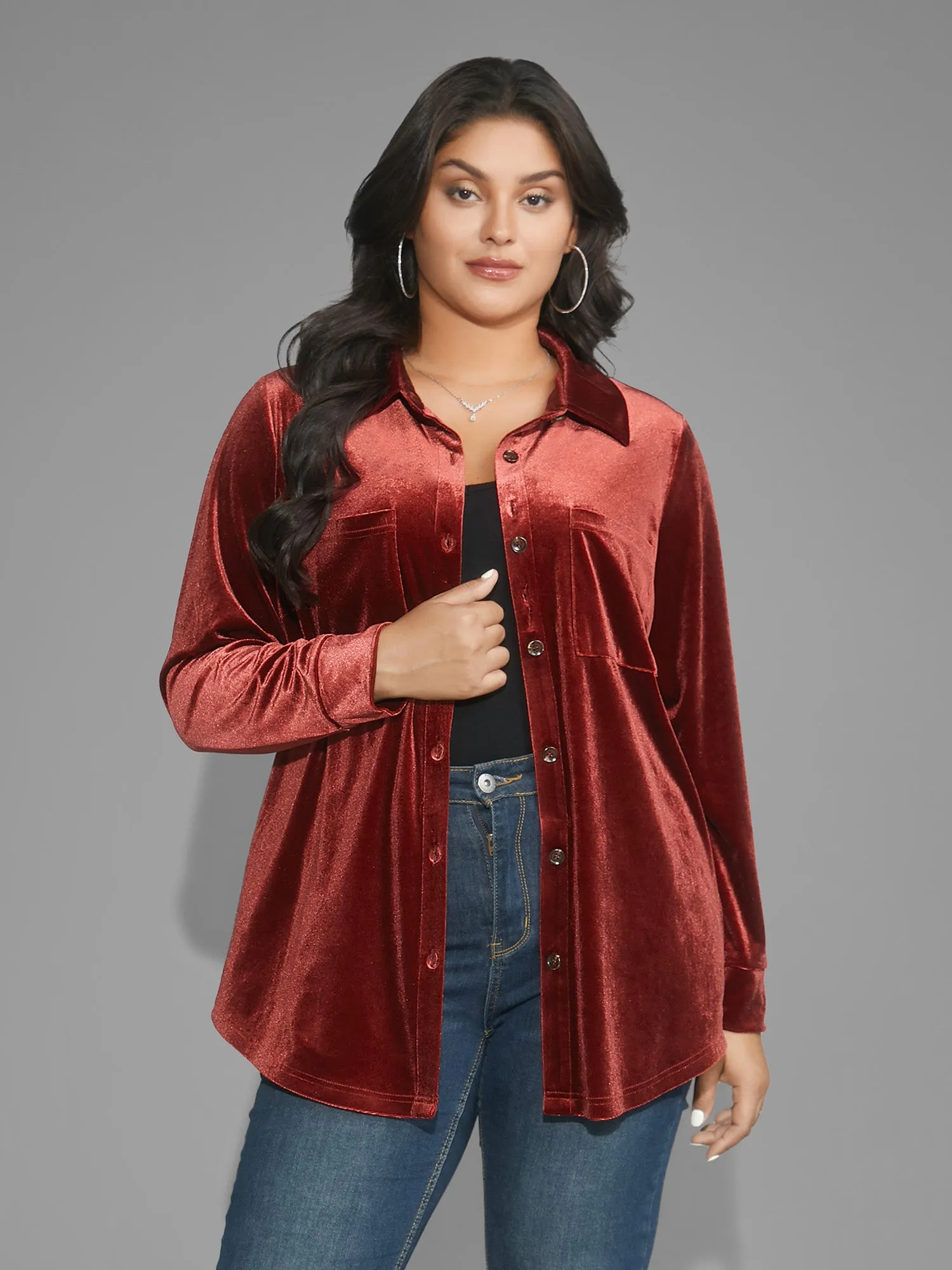 Velvet Curved Hem Gathered Shirt sold by Bloomchic
