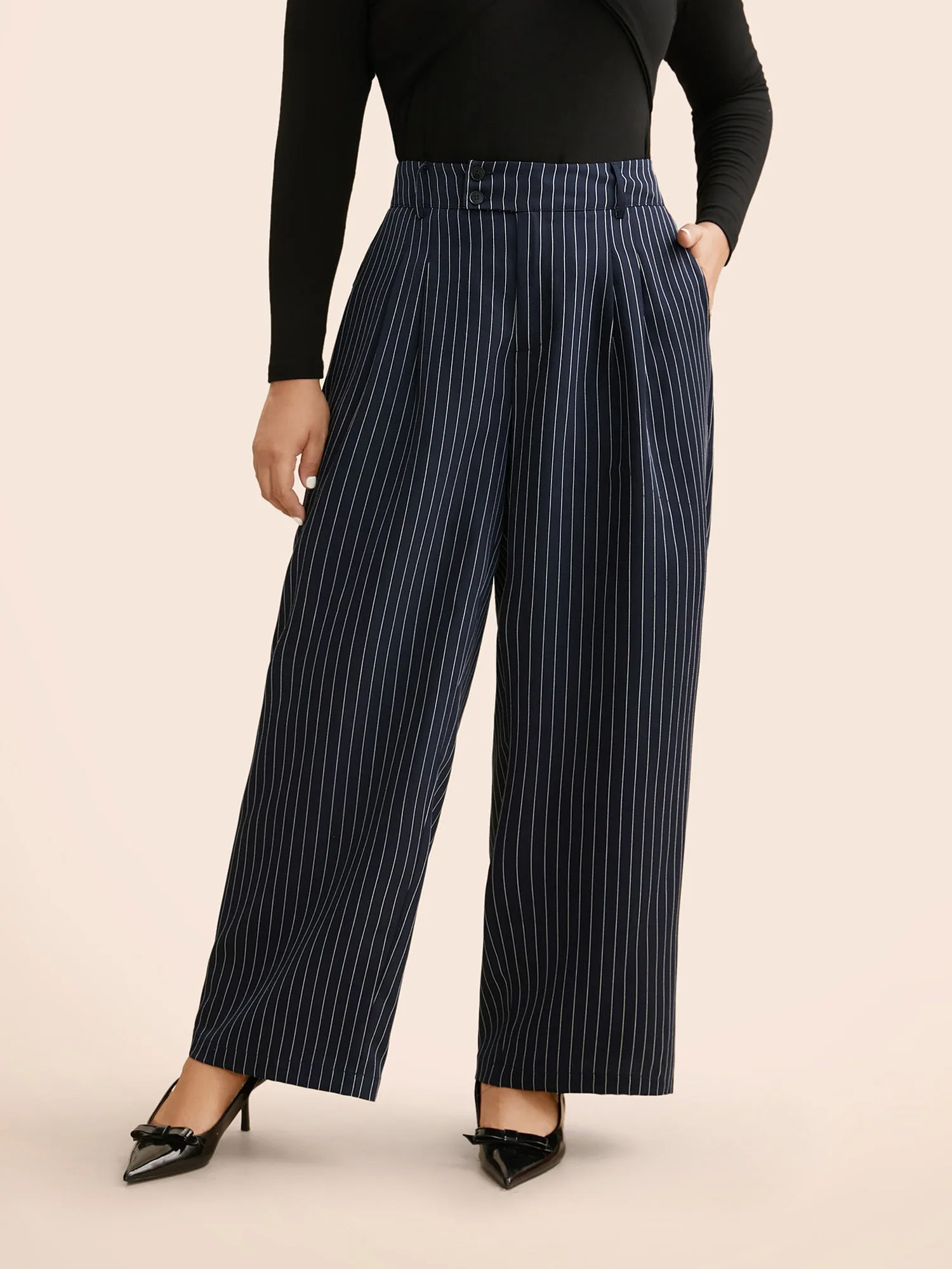 Striped Button Detail Mid Rise Wide Leg Pants sold by Bloomchic
