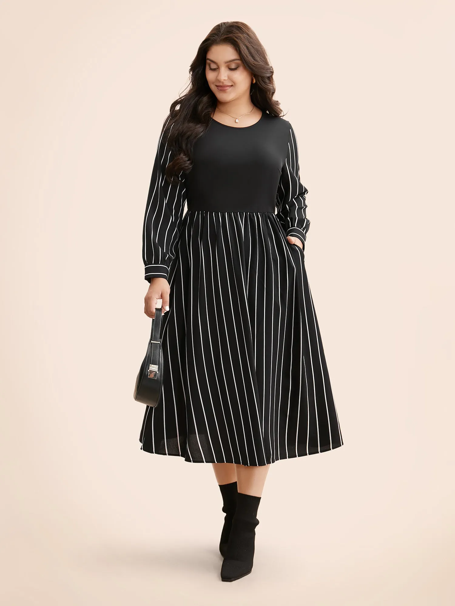 Round Neck Striped Patchwork Midi Dress sold by Bloomchic