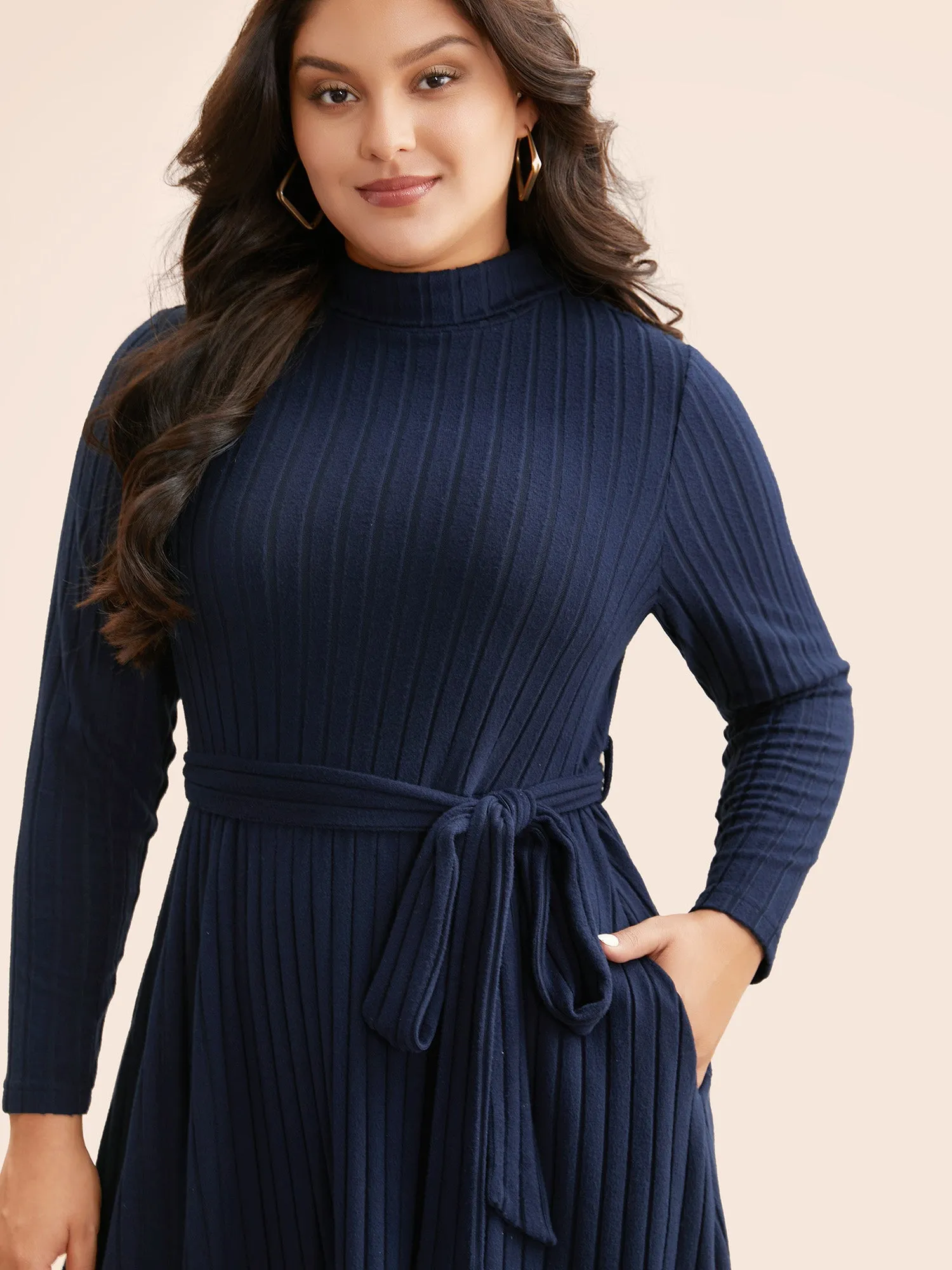 Plain Turtleneck Arc Hem Belted Dress sold by Bloomchic product image thumbnail 4