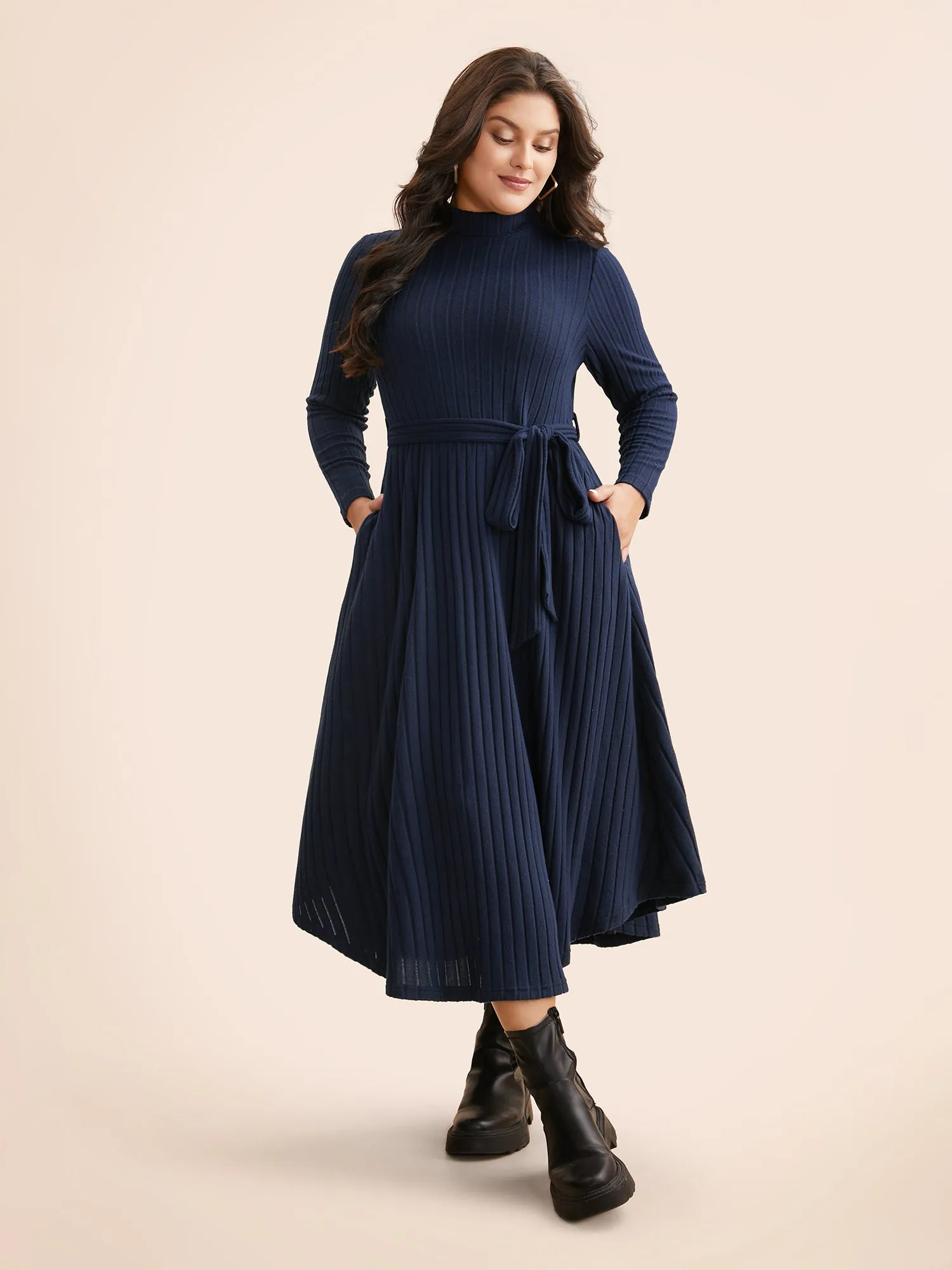 Plain Turtleneck Arc Hem Belted Dress sold by Bloomchic product image thumbnail 2