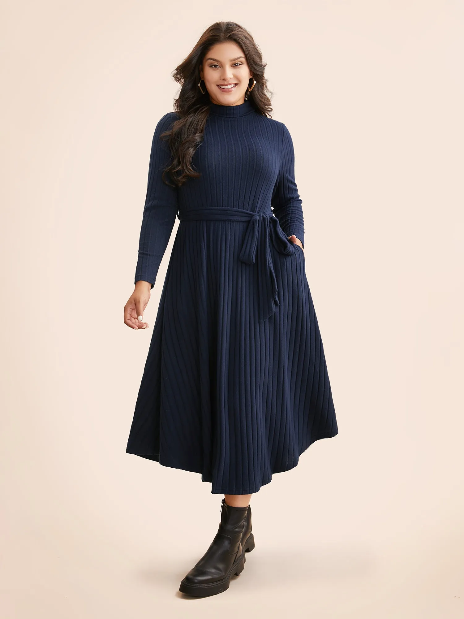 Plain Turtleneck Arc Hem Belted Dress sold by Bloomchic