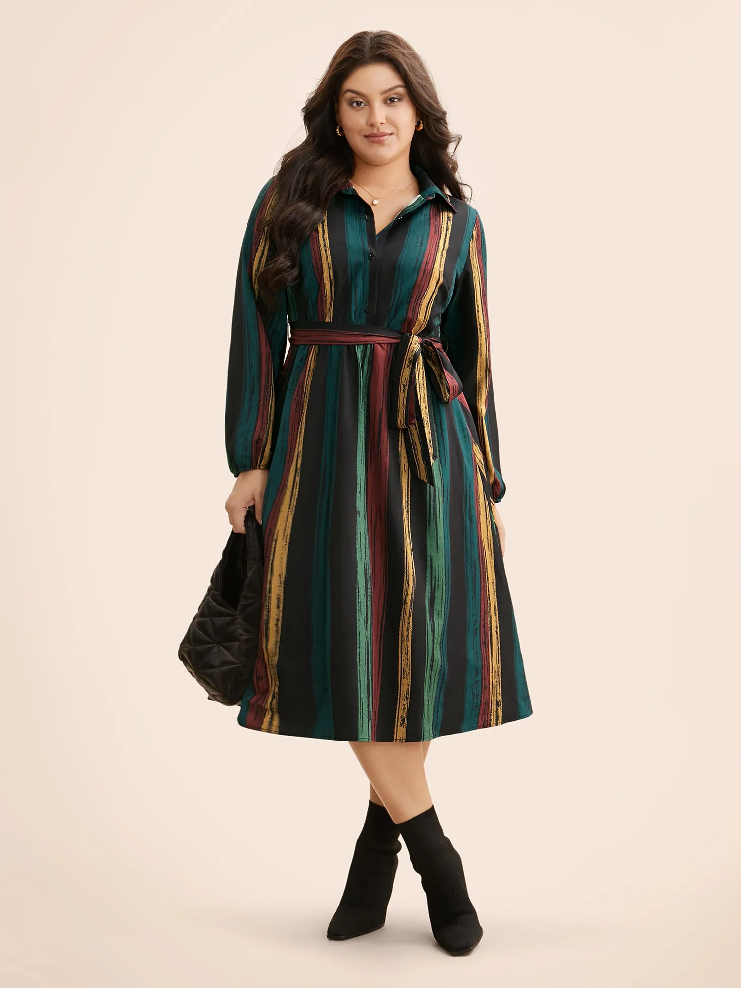 Colored Striped Belted Lantern Sleeve Dress sold by Bloomchic product image thumbnail 4