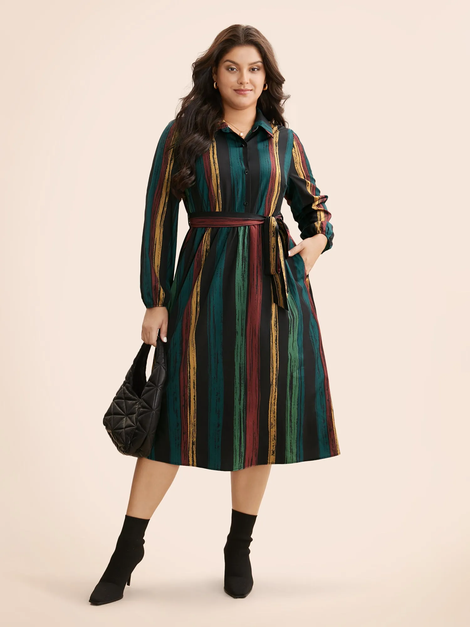 Colored Striped Belted Lantern Sleeve Dress sold by Bloomchic product image thumbnail 3