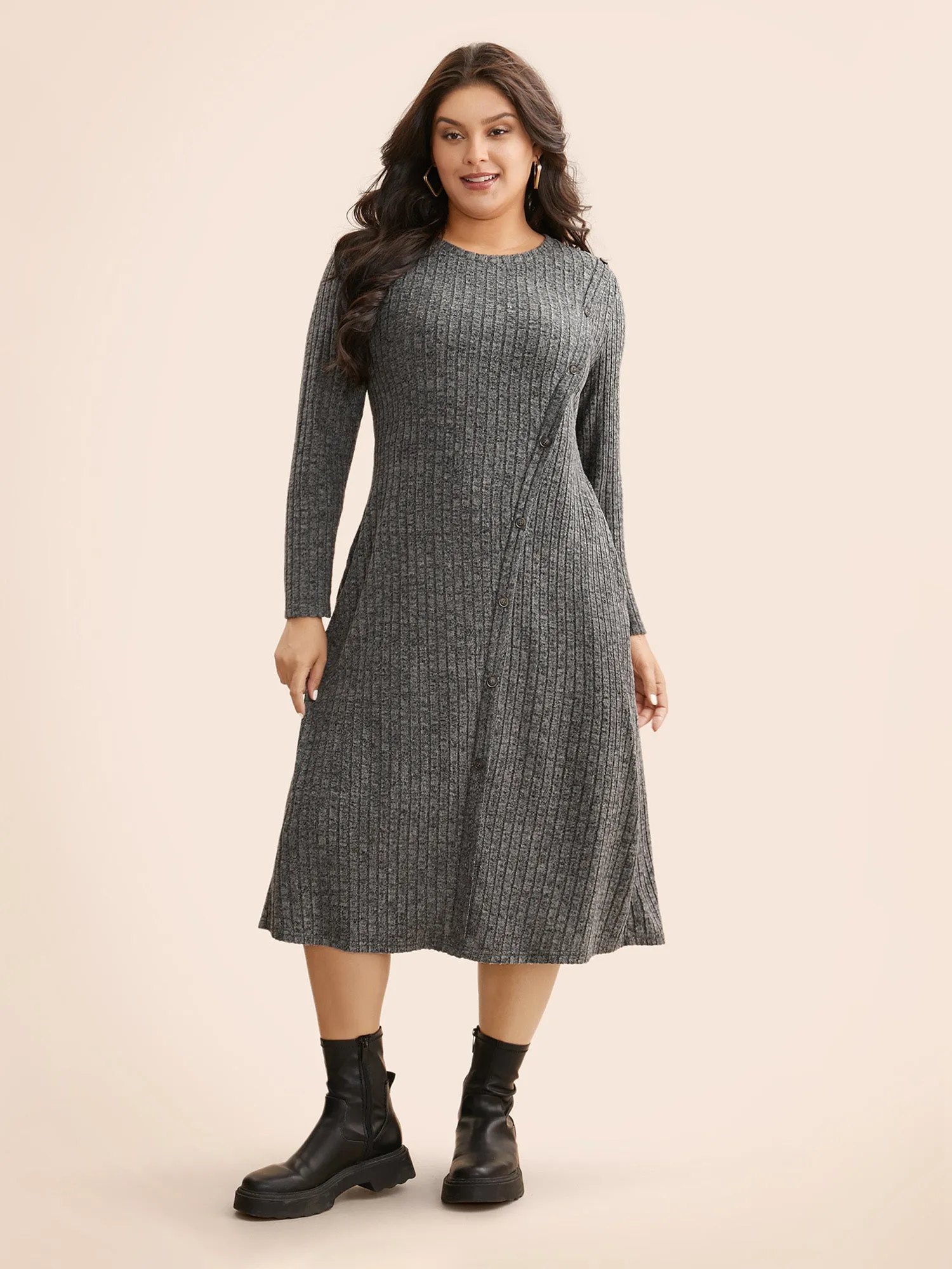 Crew Neck Button Detail Slim Fit Dress sold by Bloomchic product image thumbnail 4