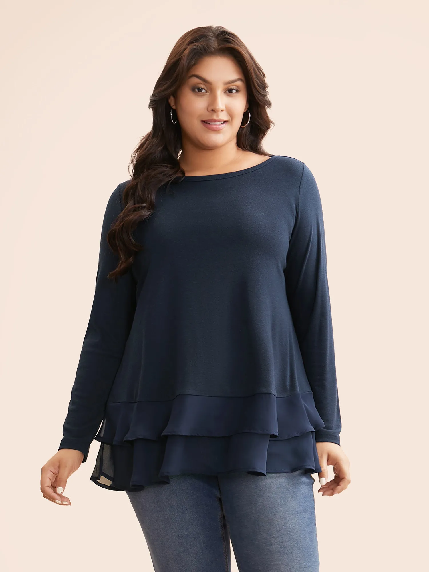 Boat Neck Patchwork Mesh Ruffles Top sold by Bloomchic product image thumbnail 2