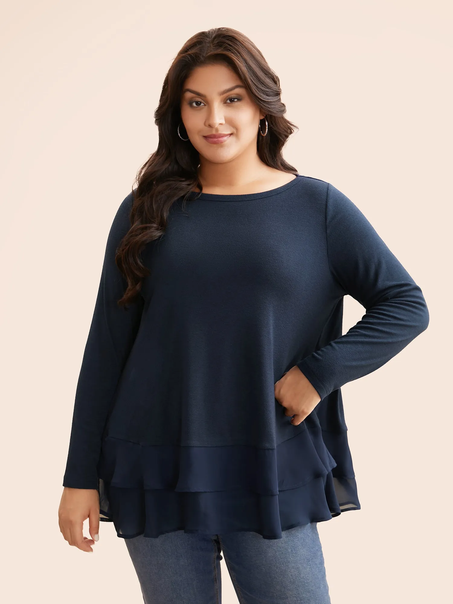 Boat Neck Patchwork Mesh Ruffles Top sold by Bloomchic