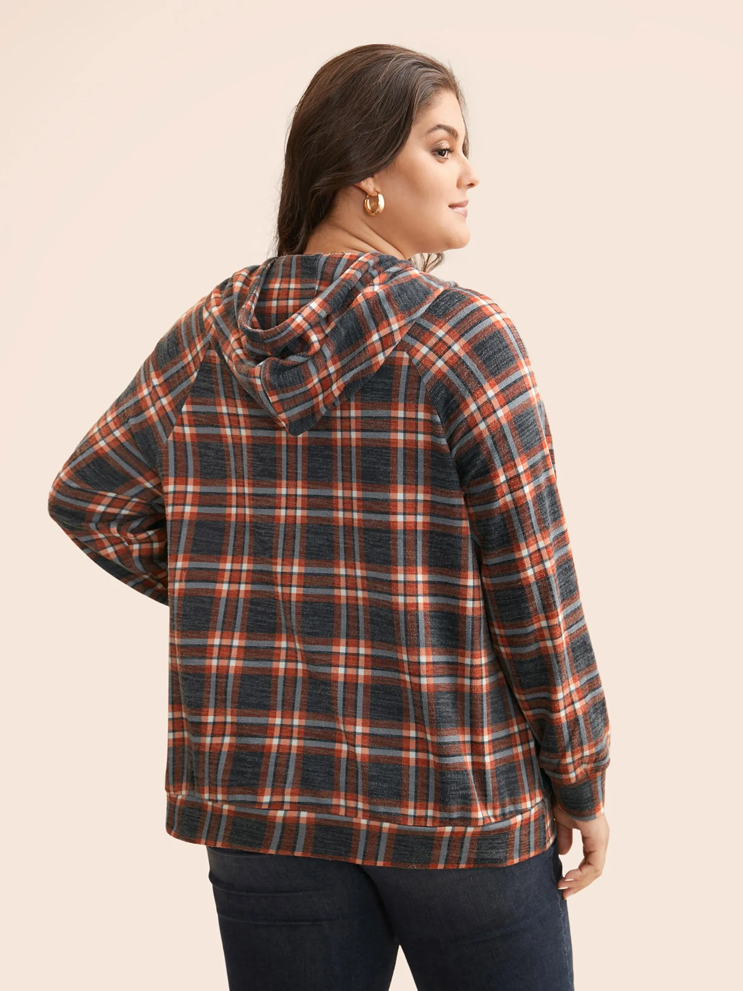 Plaid Hooded Drawstring Raglan Sleeve Sweatshirt sold by Bloomchic product image thumbnail 4