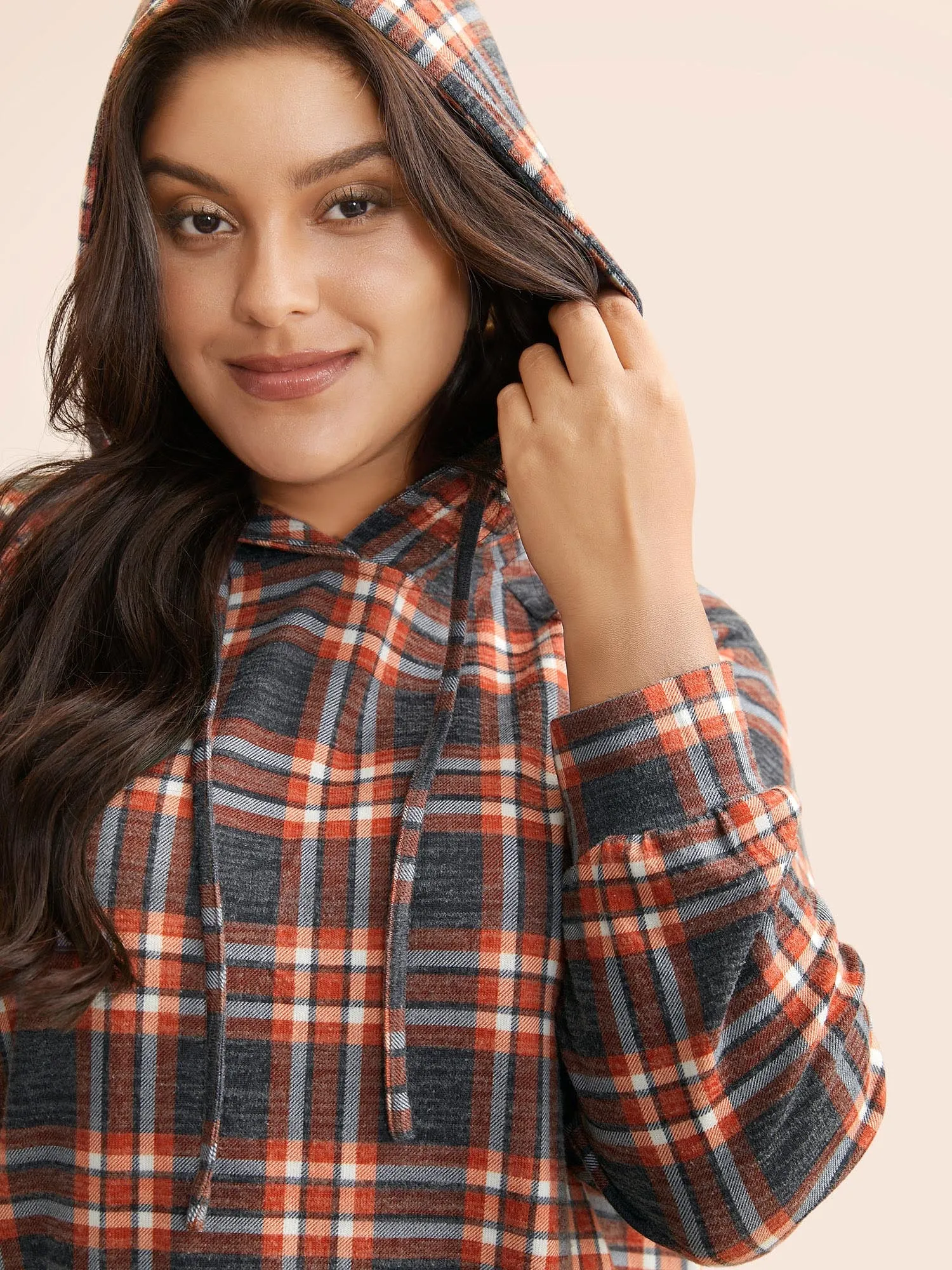 Plaid Hooded Drawstring Raglan Sleeve Sweatshirt sold by Bloomchic product image thumbnail 3