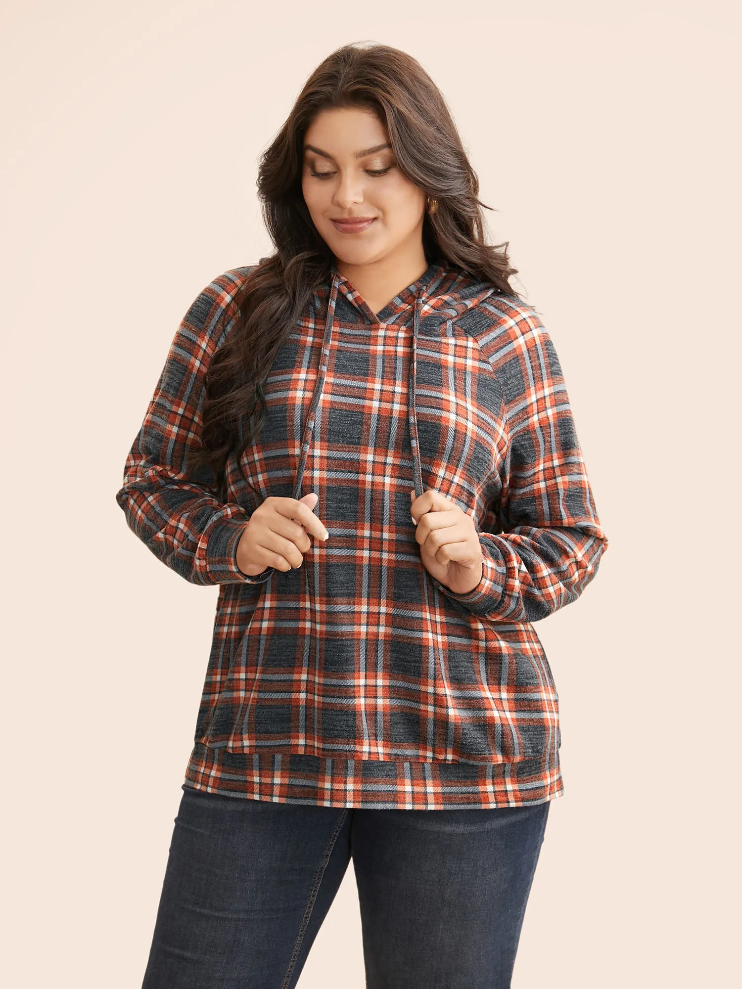 Plaid Hooded Drawstring Raglan Sleeve Sweatshirt sold by Bloomchic