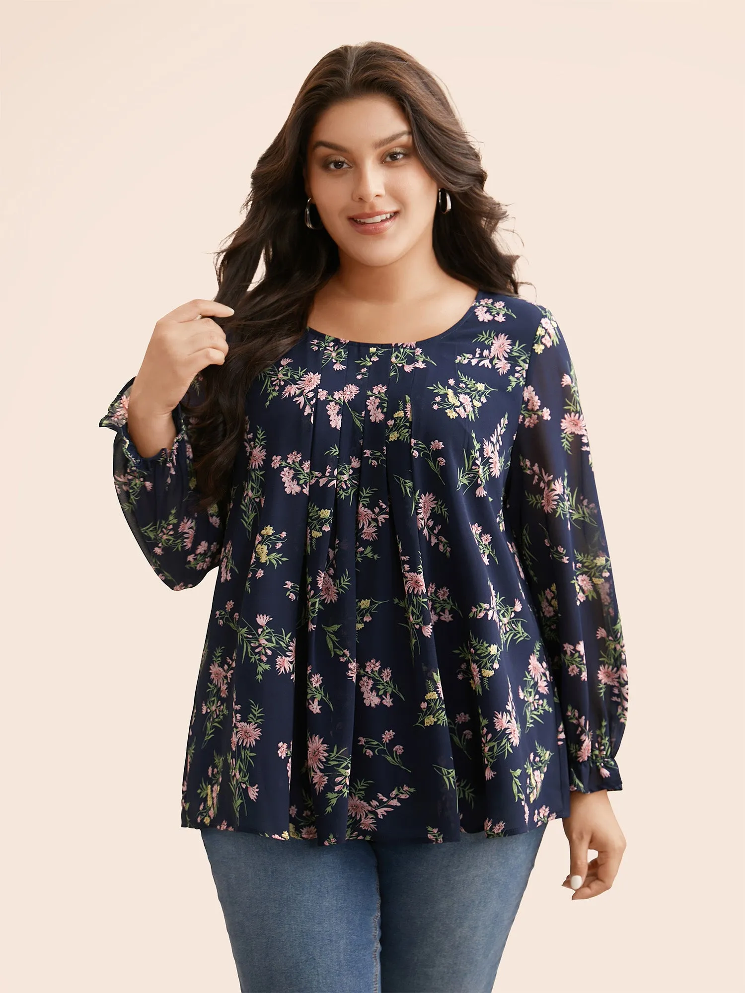 Chiffon Floral Round Neck Pleated Blouse sold by Bloomchic