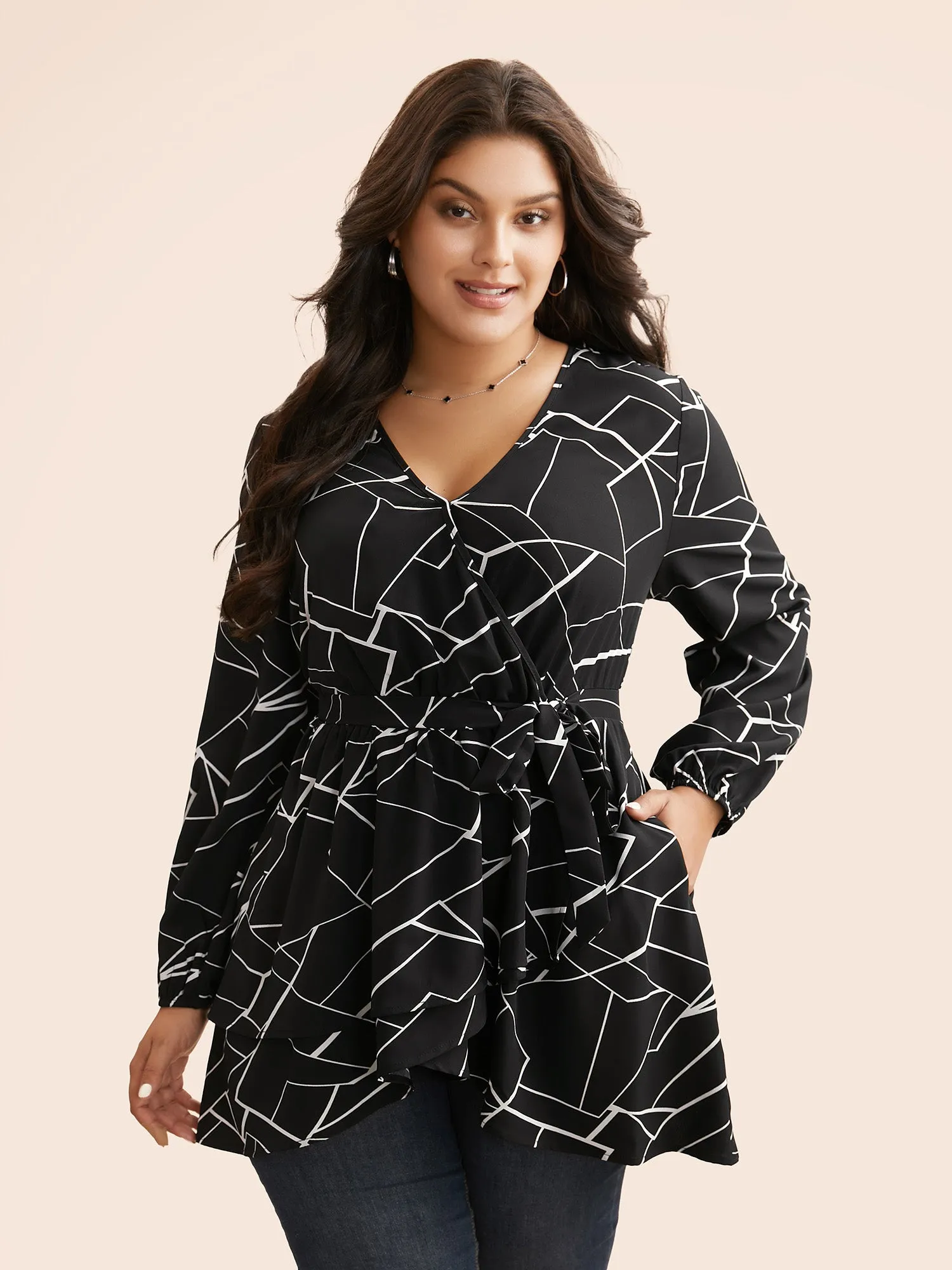 Geometric Overlap Collar Tie Knot Blouse sold by Bloomchic product image thumbnail 4