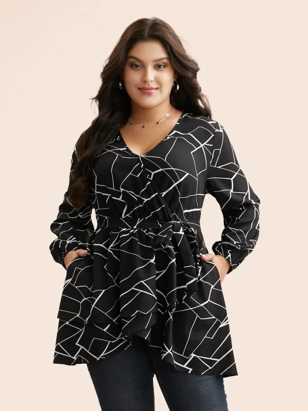 Geometric Overlap Collar Tie Knot Blouse sold by Bloomchic