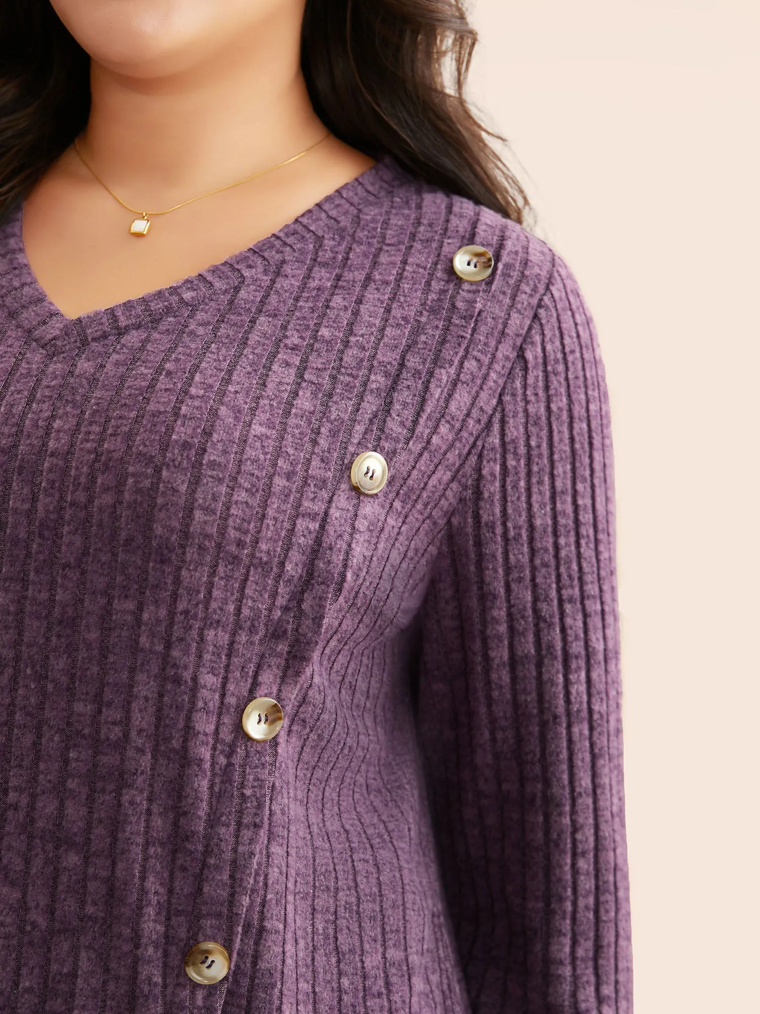 V Neck Button Detail Rib Knit T-shirt sold by Bloomchic product image thumbnail 2