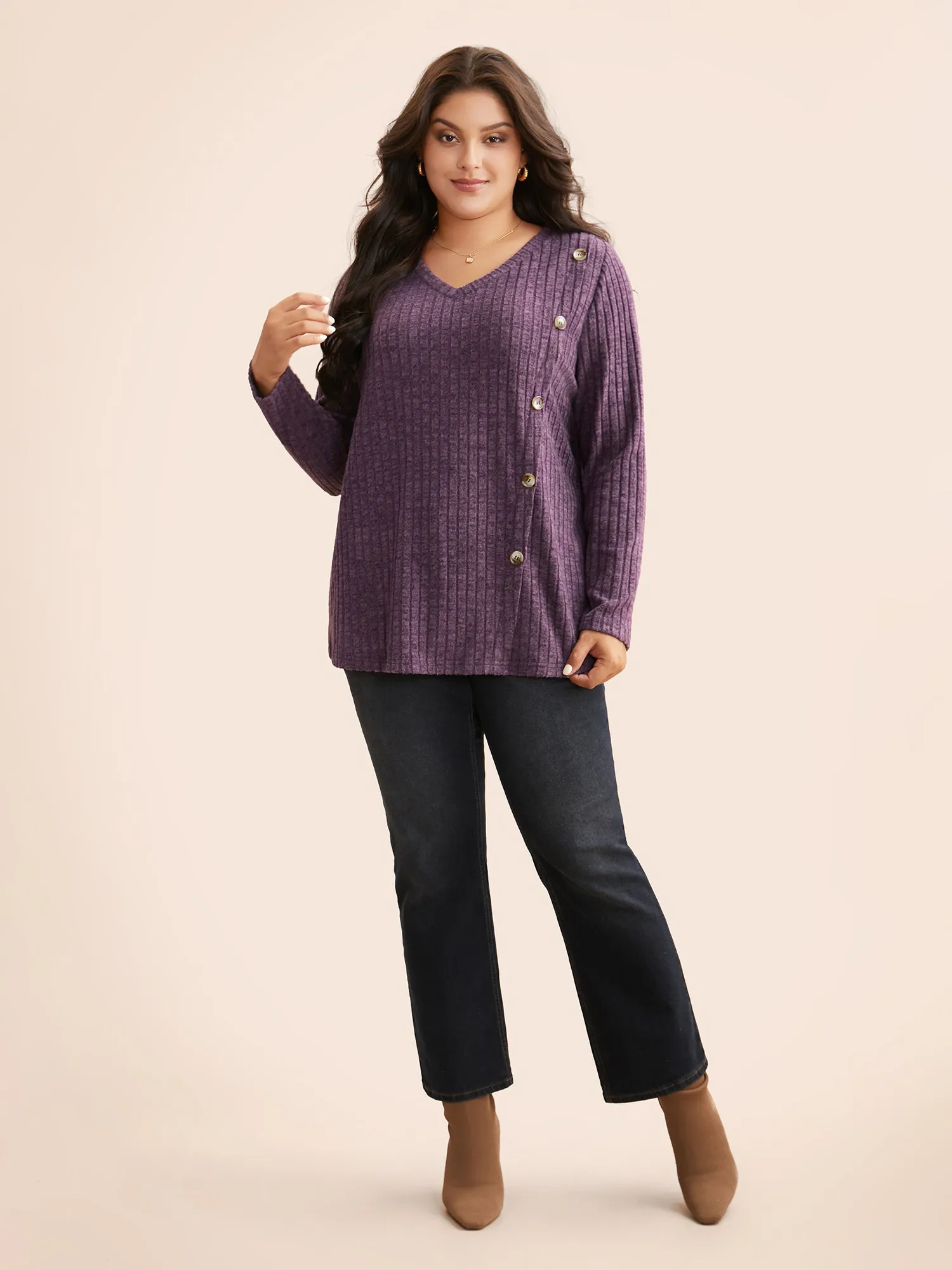 V Neck Button Detail Rib Knit T-shirt sold by Bloomchic product image thumbnail 4