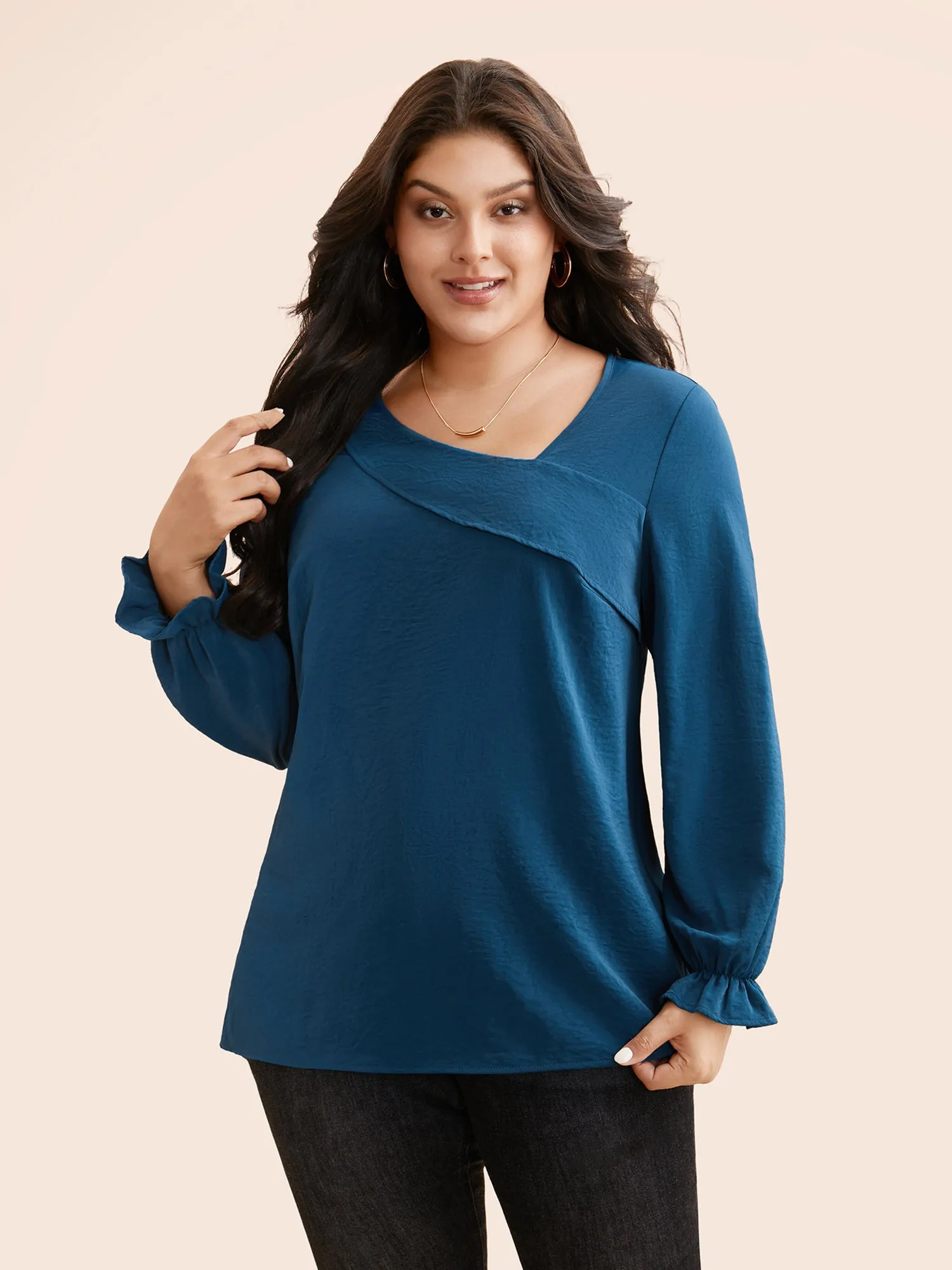 Plain Textured Asymmetrical Neck Ruffles Blouse sold by Bloomchic product image thumbnail 4