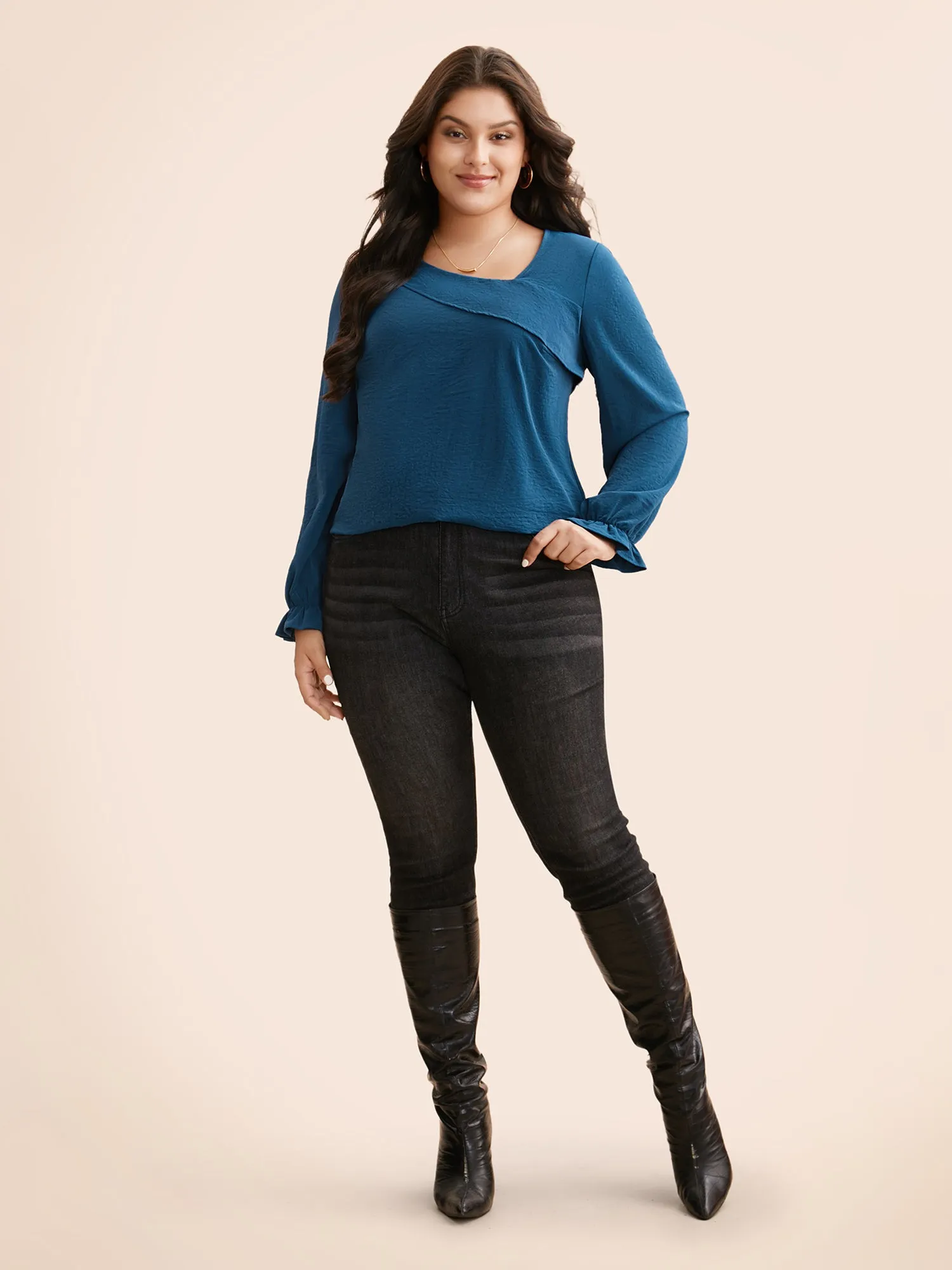Plain Textured Asymmetrical Neck Ruffles Blouse sold by Bloomchic product image thumbnail 2