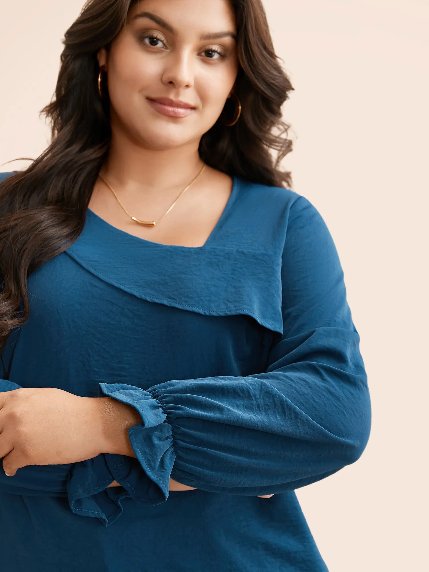 Plain Textured Asymmetrical Neck Ruffles Blouse sold by Bloomchic product image thumbnail 3