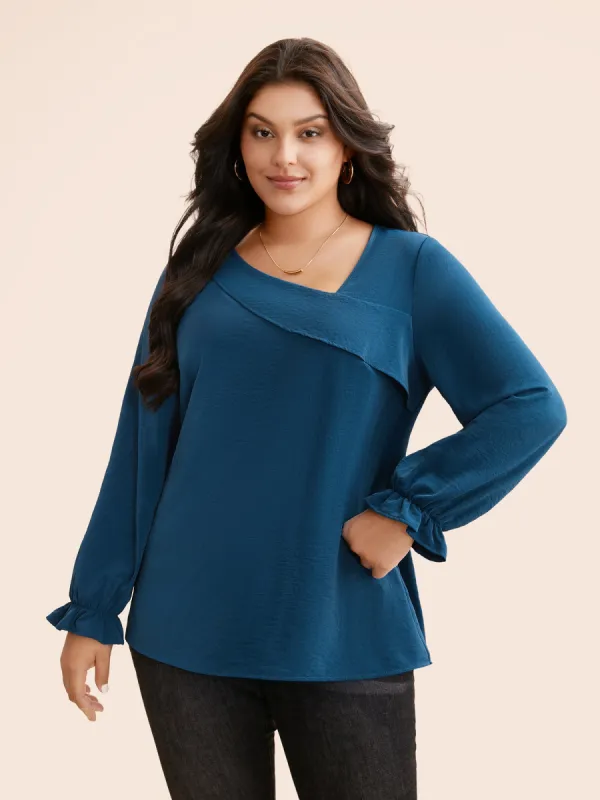 Plain Textured Asymmetrical Neck Ruffles Blouse made by Bloomchic
