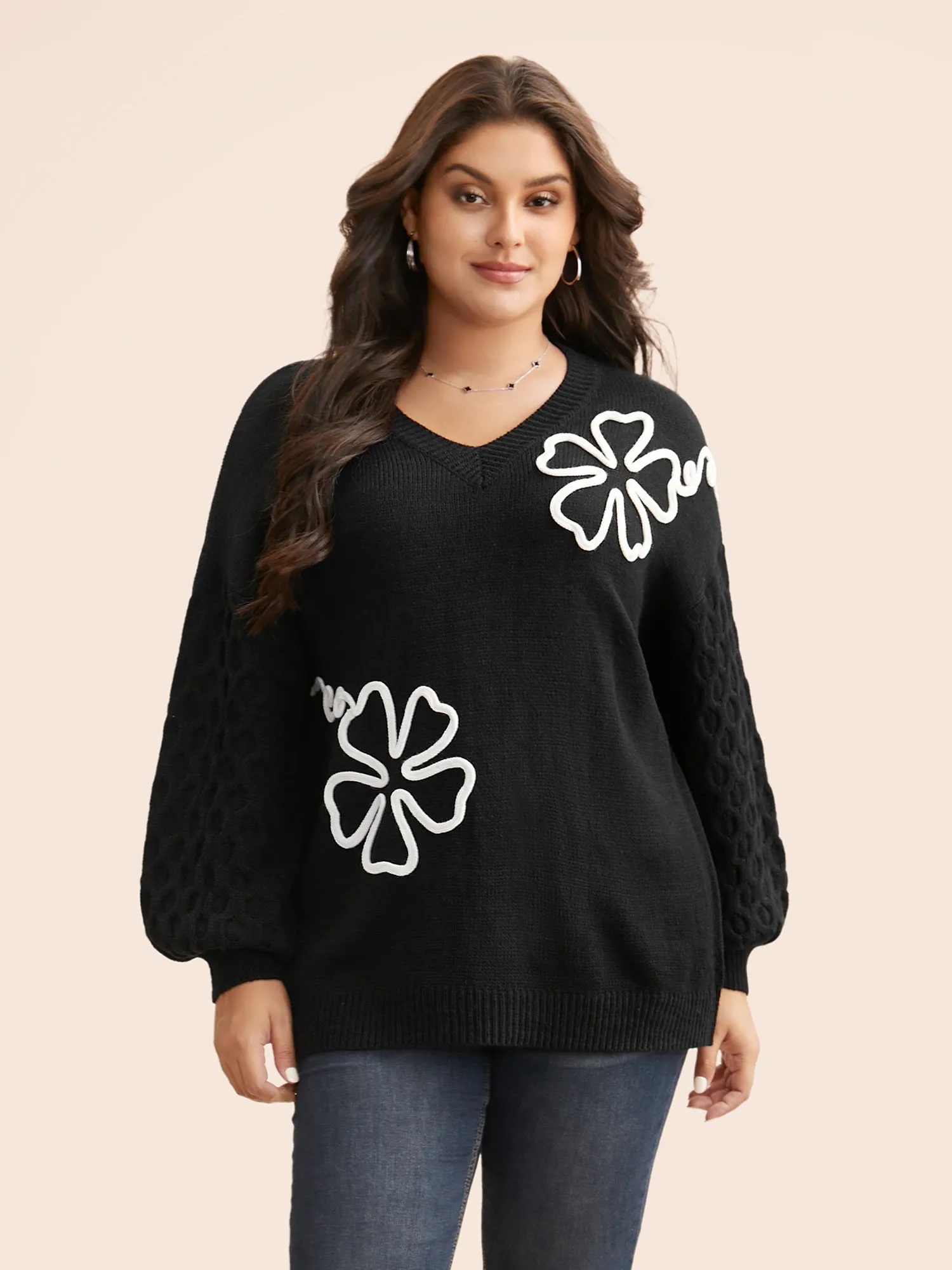 Crochet Floral Texture V Neck Pullover sold by Bloomchic product image thumbnail 3