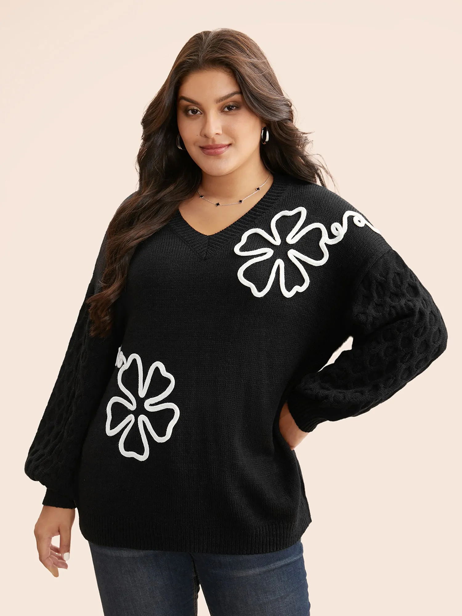 Crochet Floral Texture V Neck Pullover sold by Bloomchic