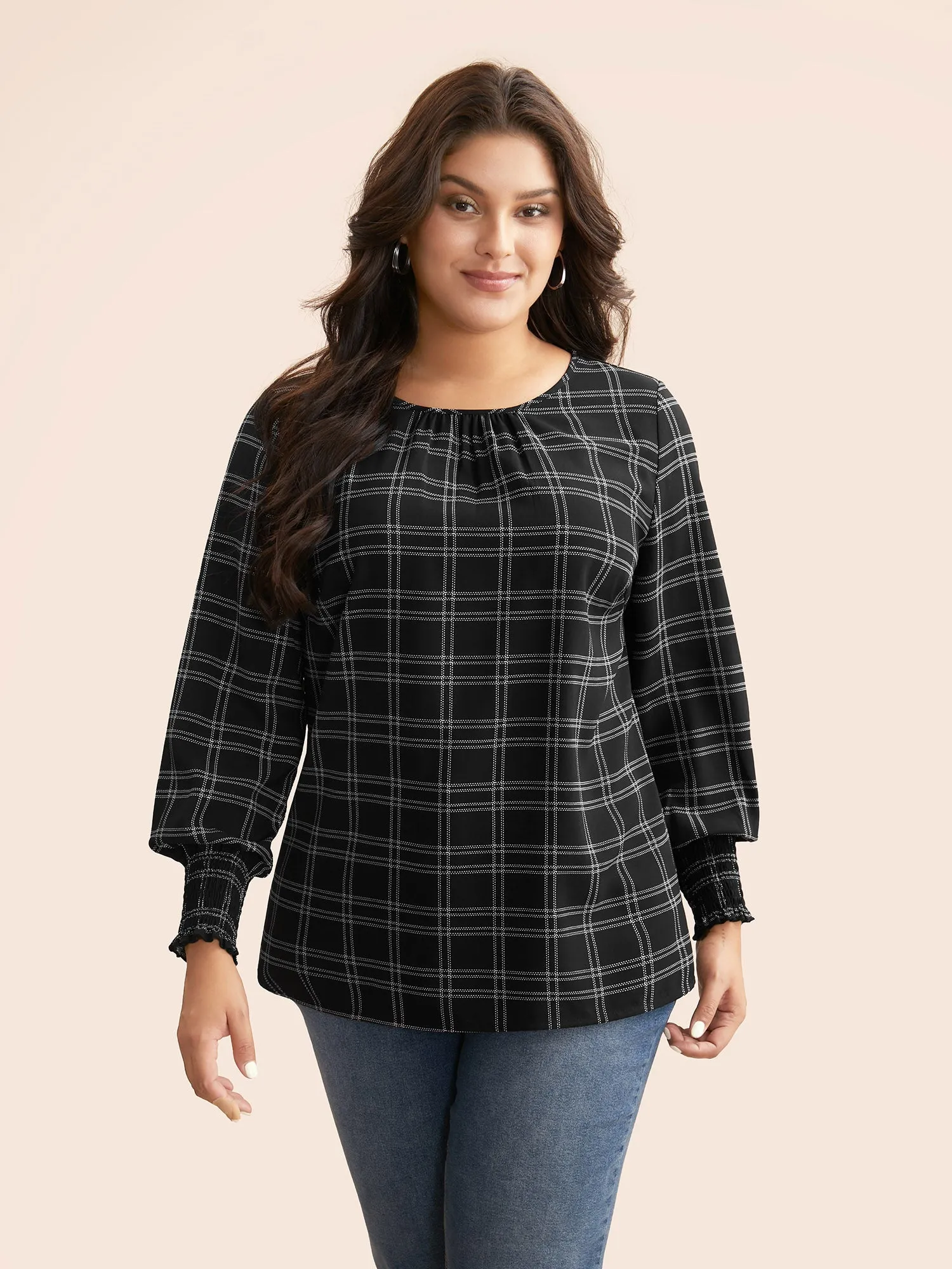 Plaid Gathered Lantern Sleeve Blouse sold by Bloomchic product image thumbnail 3
