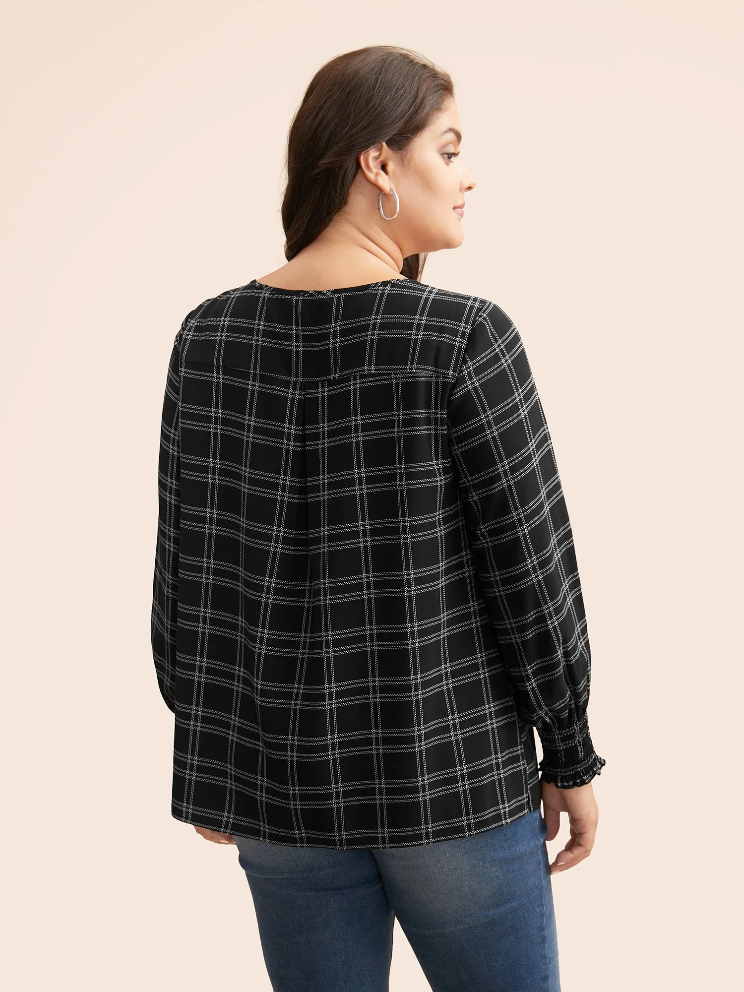 Plaid Gathered Lantern Sleeve Blouse sold by Bloomchic product image thumbnail 5