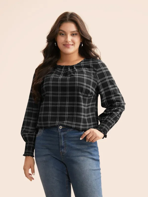 Plaid Gathered Lantern Sleeve Blouse sold by Bloomchic