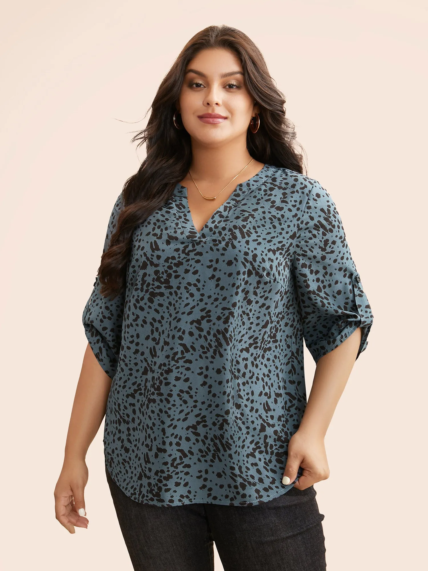 Leopard Print Pleated Tab Sleeve Blouse sold by Bloomchic