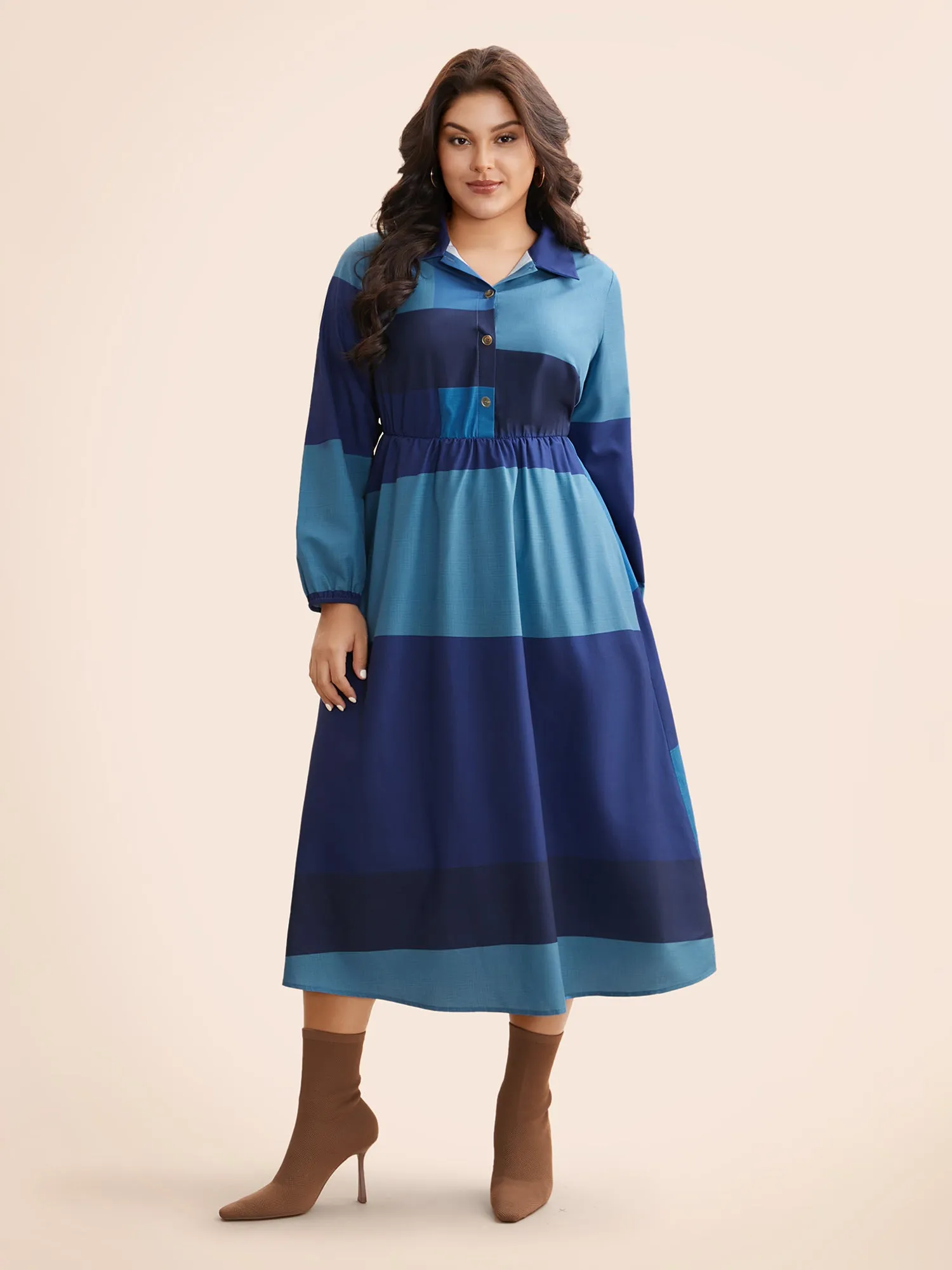 Shirt Collar Colorblock Contrast Midi Dress sold by Bloomchic product image thumbnail 3