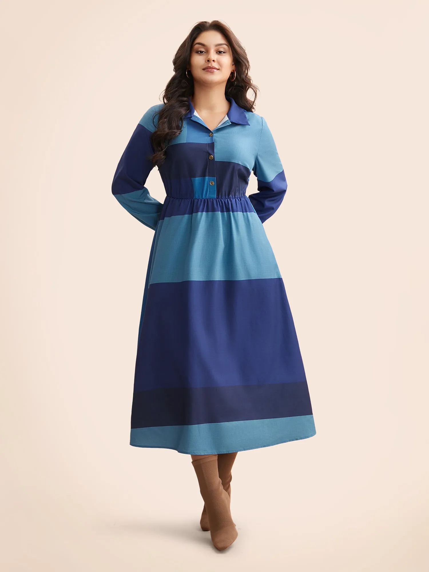 Shirt Collar Colorblock Contrast Midi Dress sold by Bloomchic product image thumbnail 4