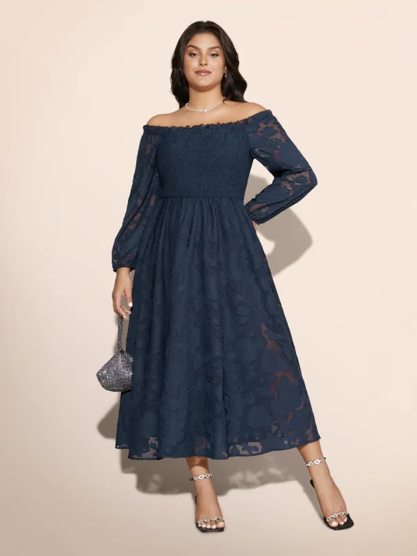 Off Shoulder Shirred Frill Trim Dress sold by Bloomchic