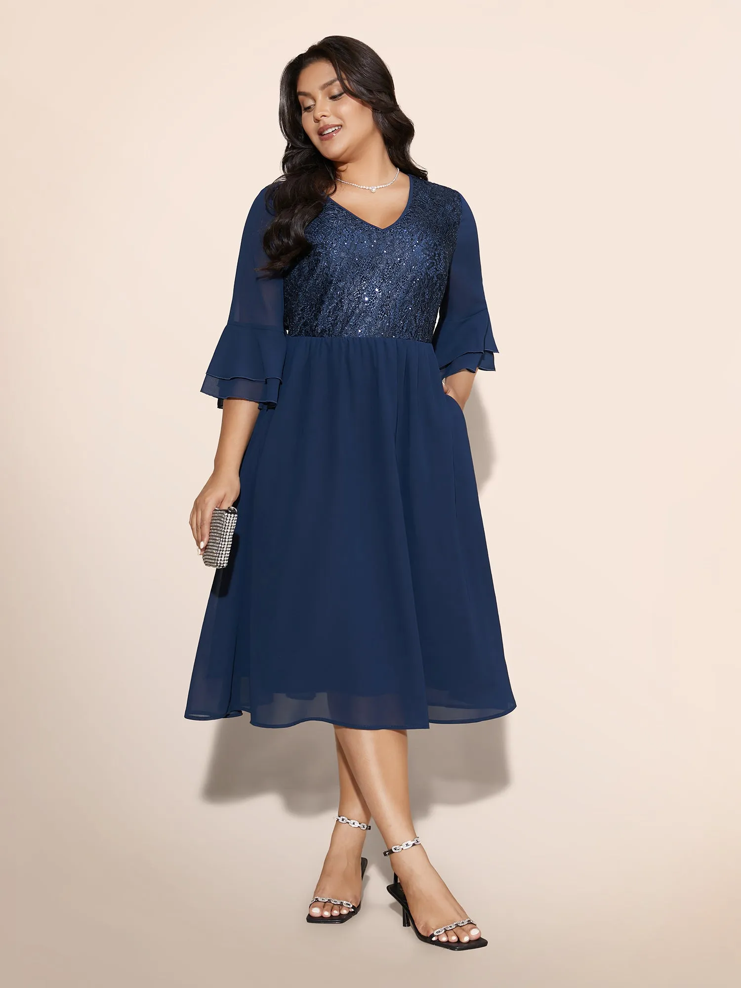 Patchwork Sequin Tiered Ruffle Sleeve Dress sold by Bloomchic