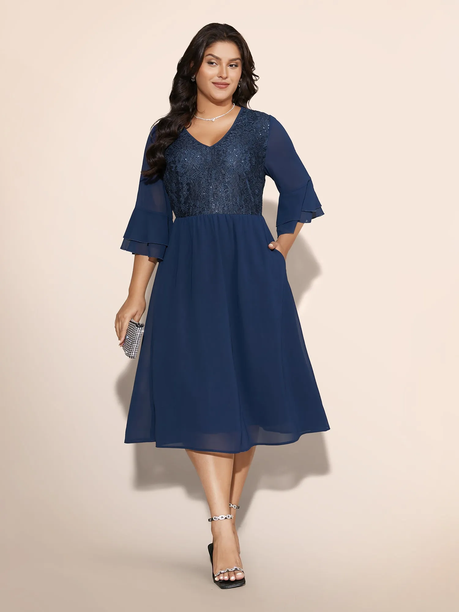 Patchwork Sequin Tiered Ruffle Sleeve Dress sold by Bloomchic product image thumbnail 3