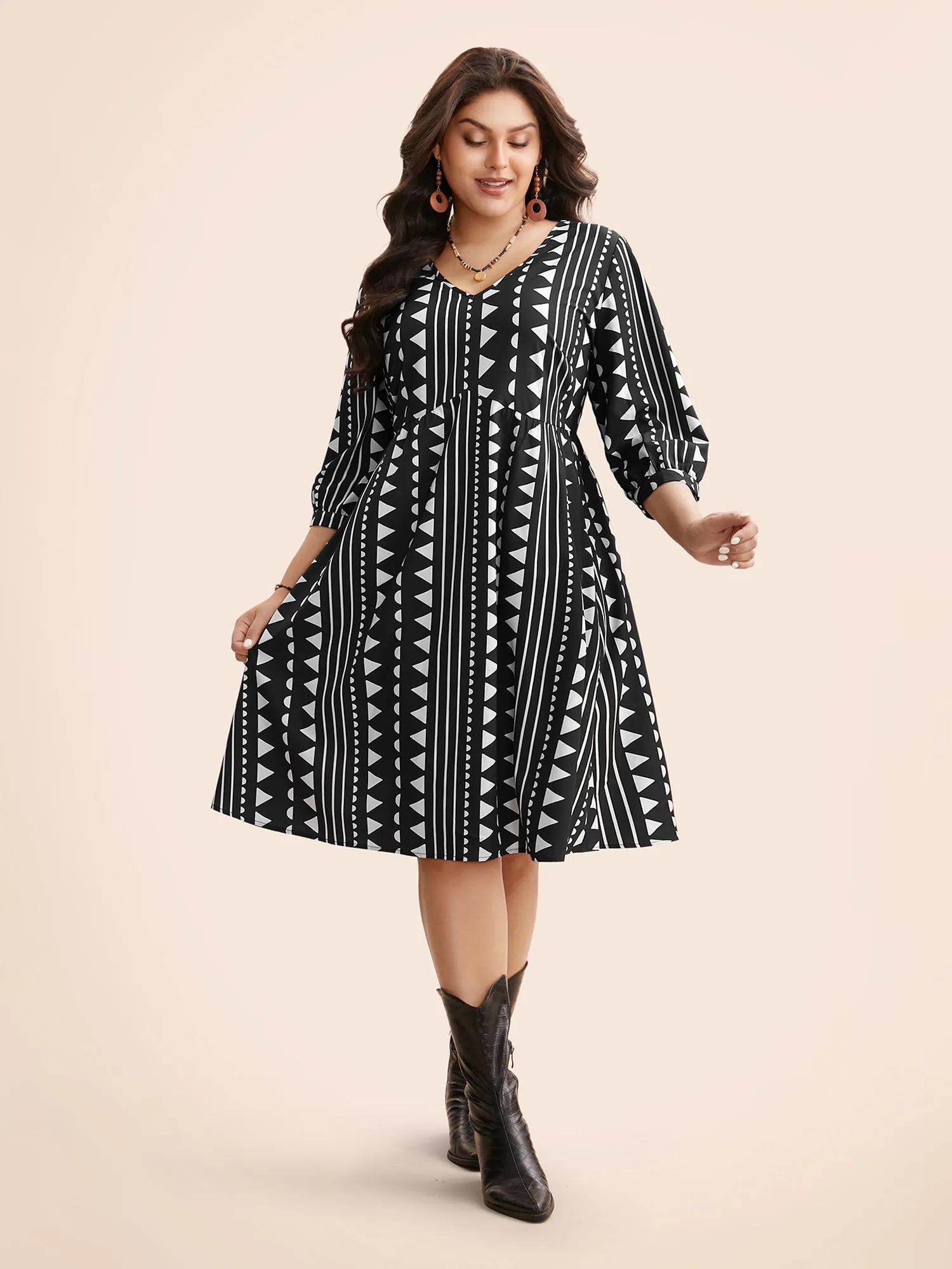Geometric V Neck Lantern Sleeve Dress sold by Bloomchic